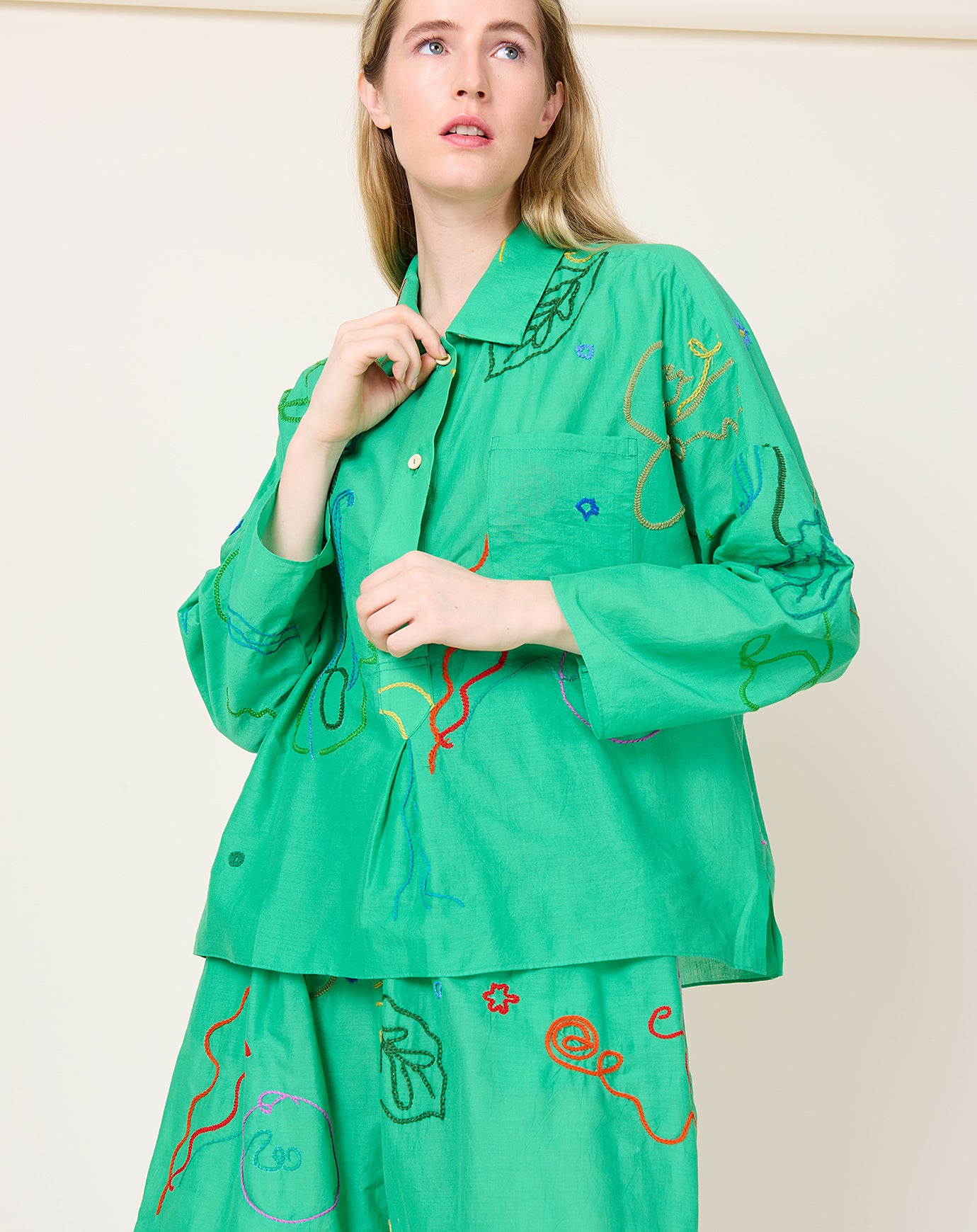 Anntian Hand Embroidered Shirt in Green