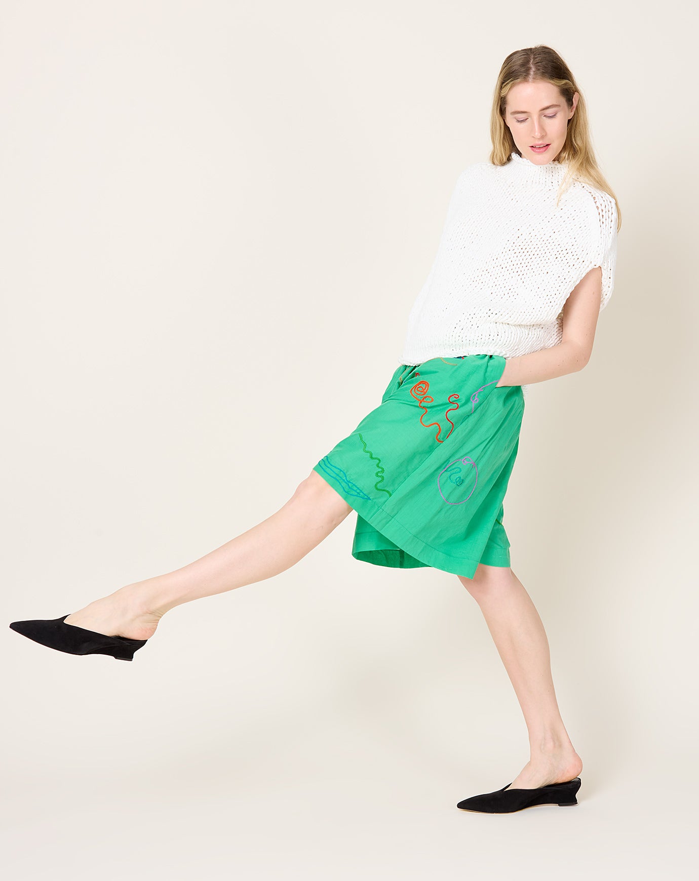 Anntian Hand Embroidered Shorts in Green