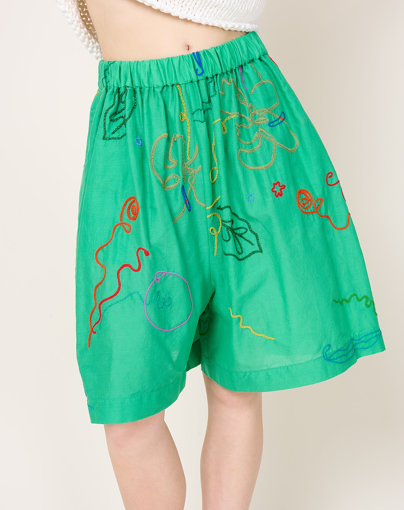Anntian Hand Embroidered Shorts in Green