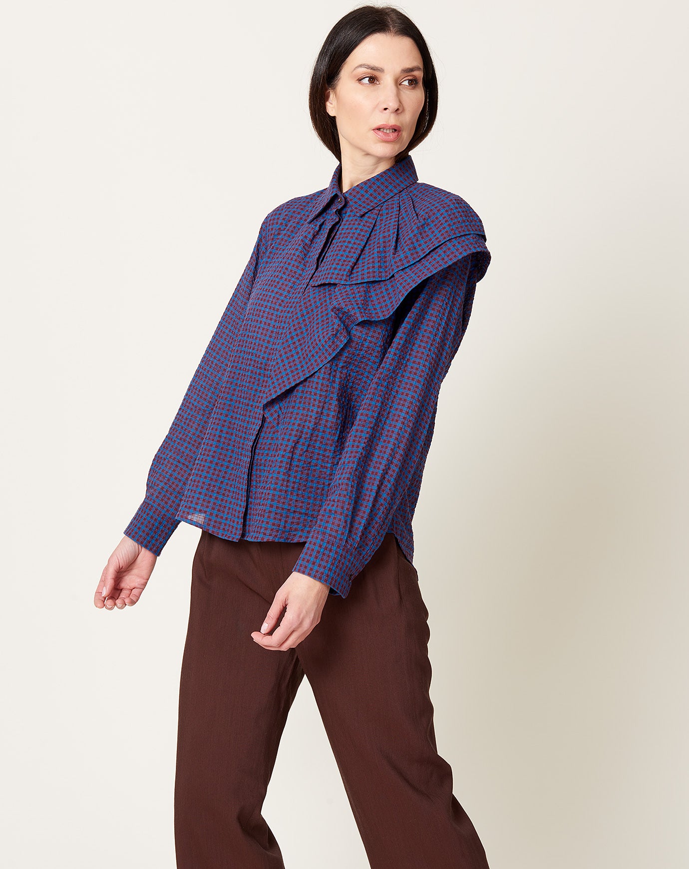 Caron Callahan Nadine Blouse in Cerulean Puckered Mini Plaid