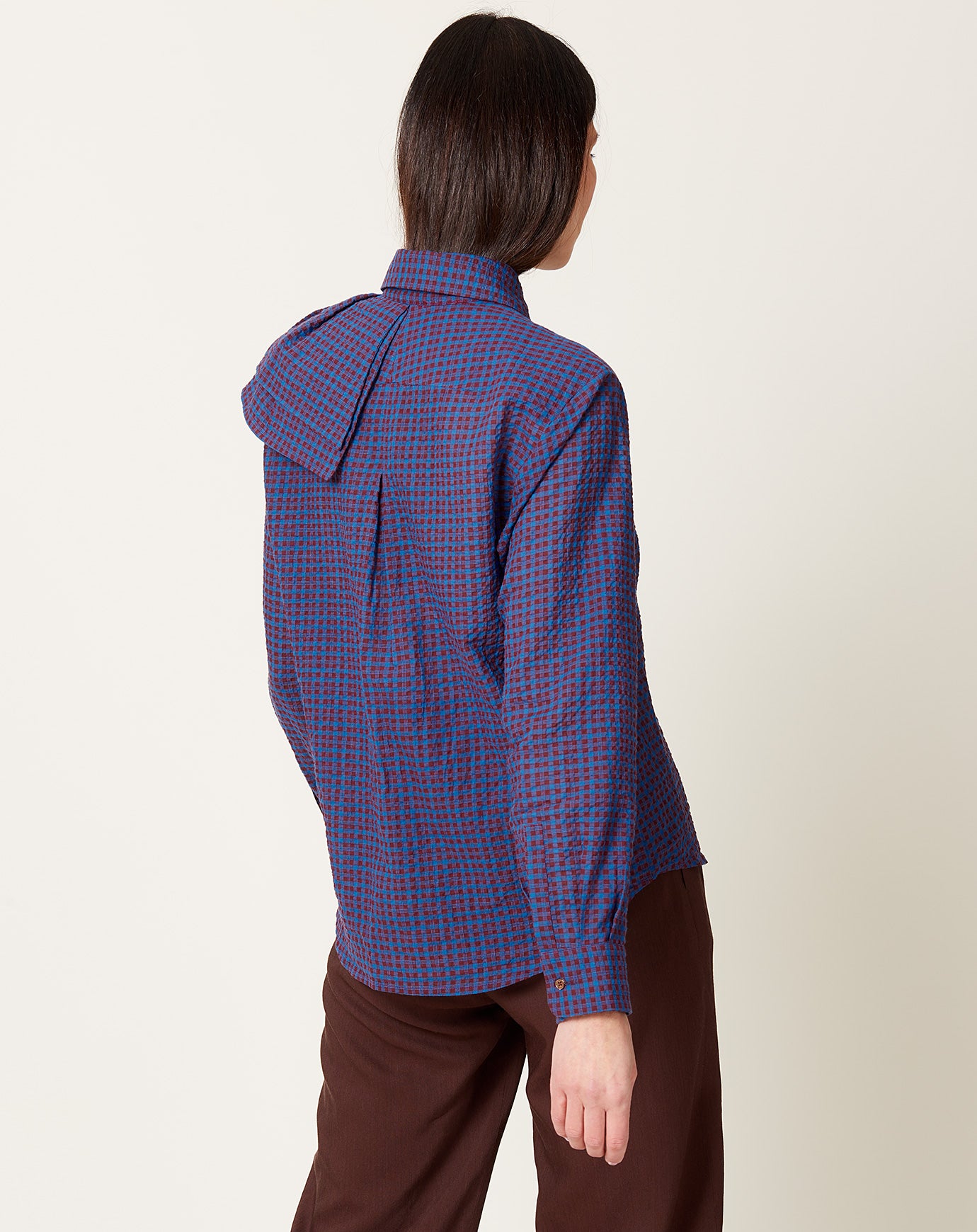 Caron Callahan Nadine Blouse in Cerulean Puckered Mini Plaid