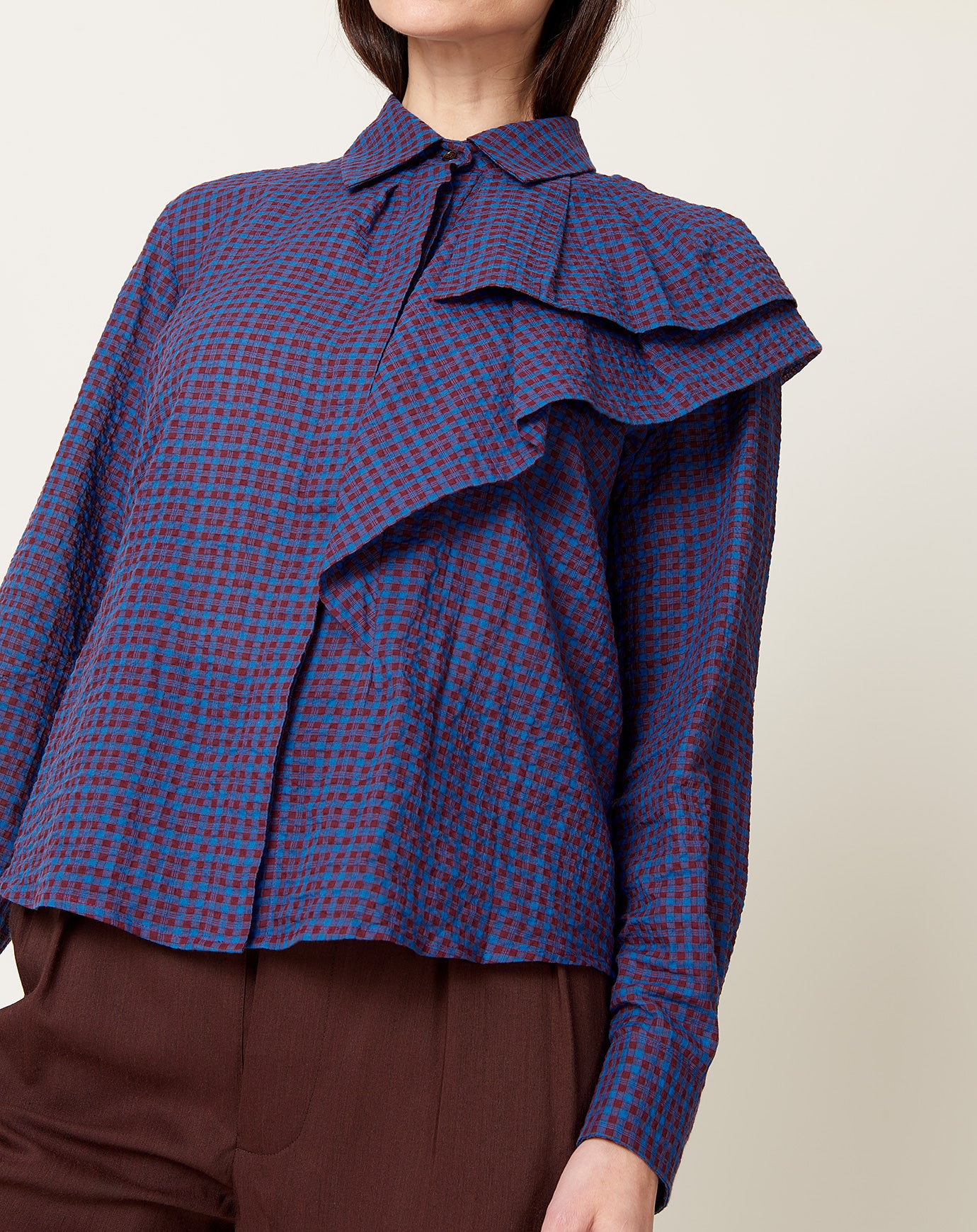 Caron Callahan Nadine Blouse in Cerulean Puckered Mini Plaid