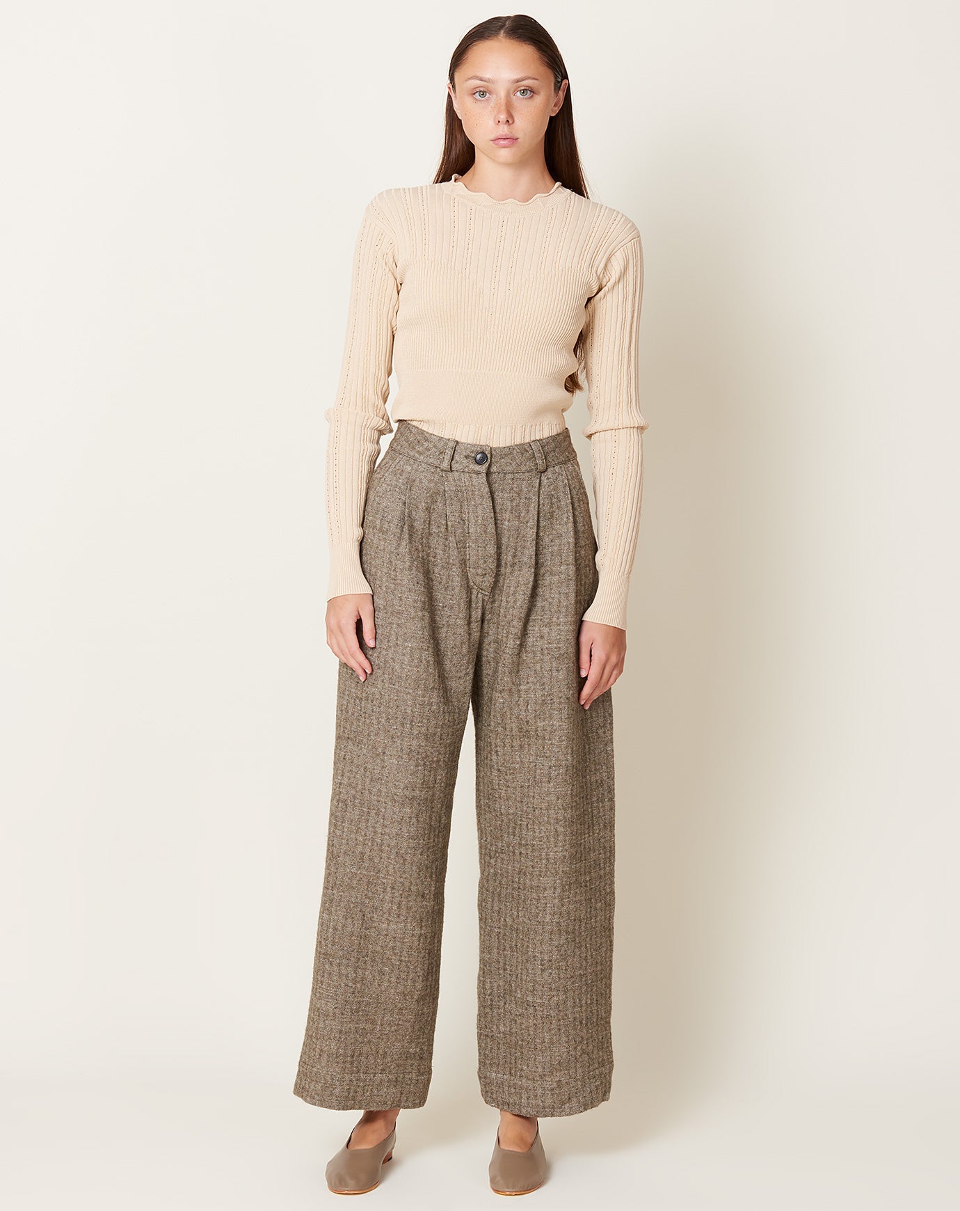 Cawley Japanese Linen Wool Mara Trouser in Natural and Grey