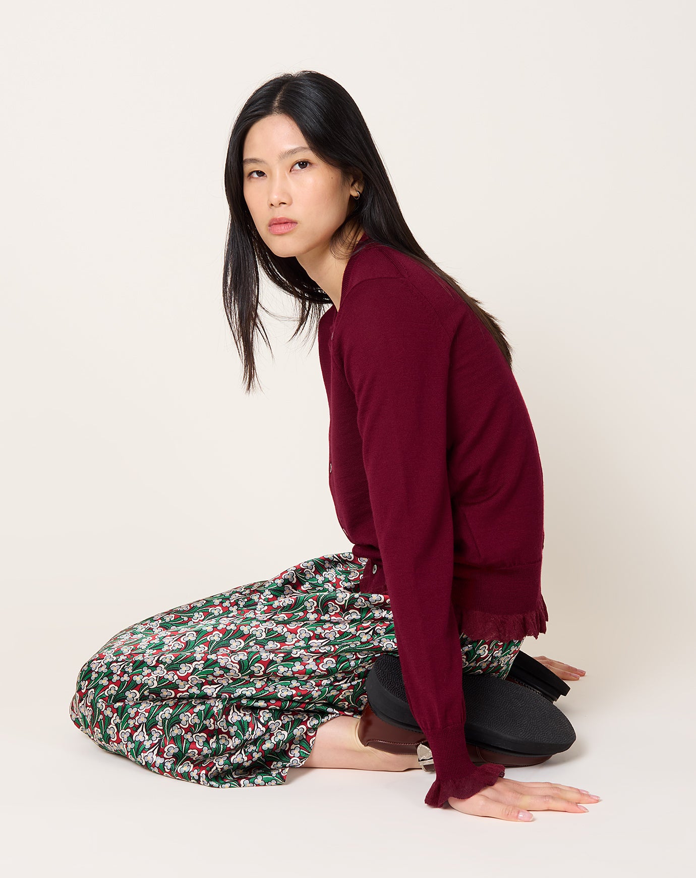 Comme des Garçons Comme des Garçons Gauze Trim Cardigan in Burgundy