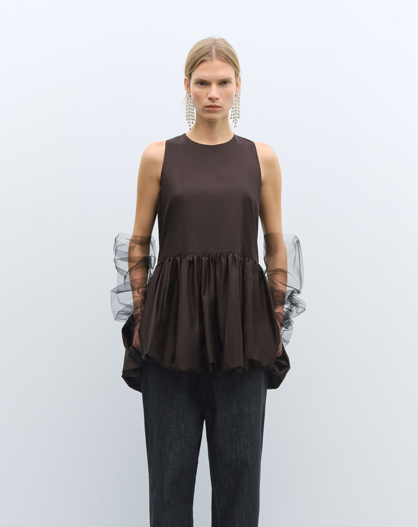 Cordera Balloon Mini Dress in Brown