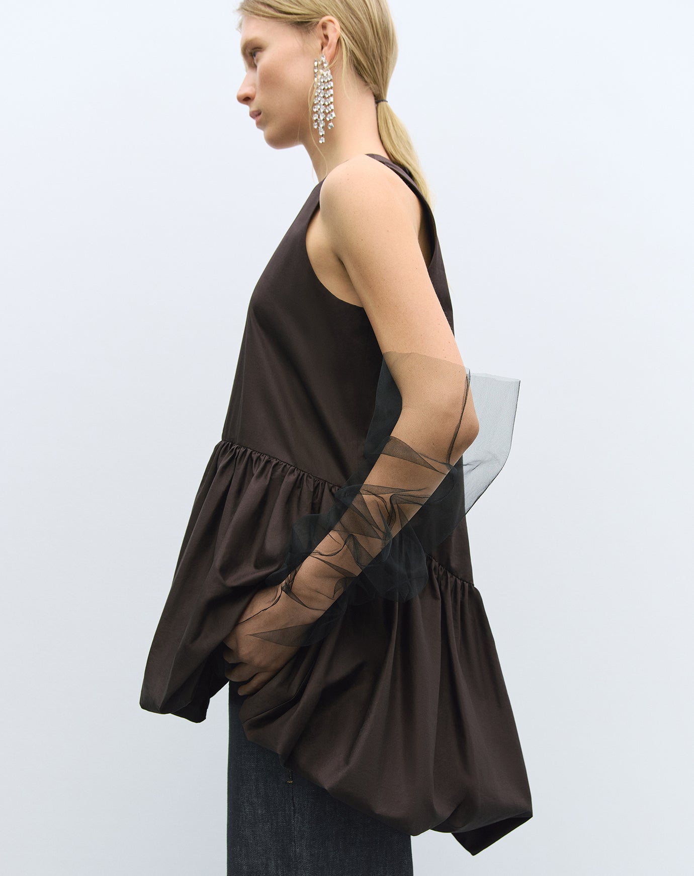 Cordera Balloon Mini Dress in Brown
