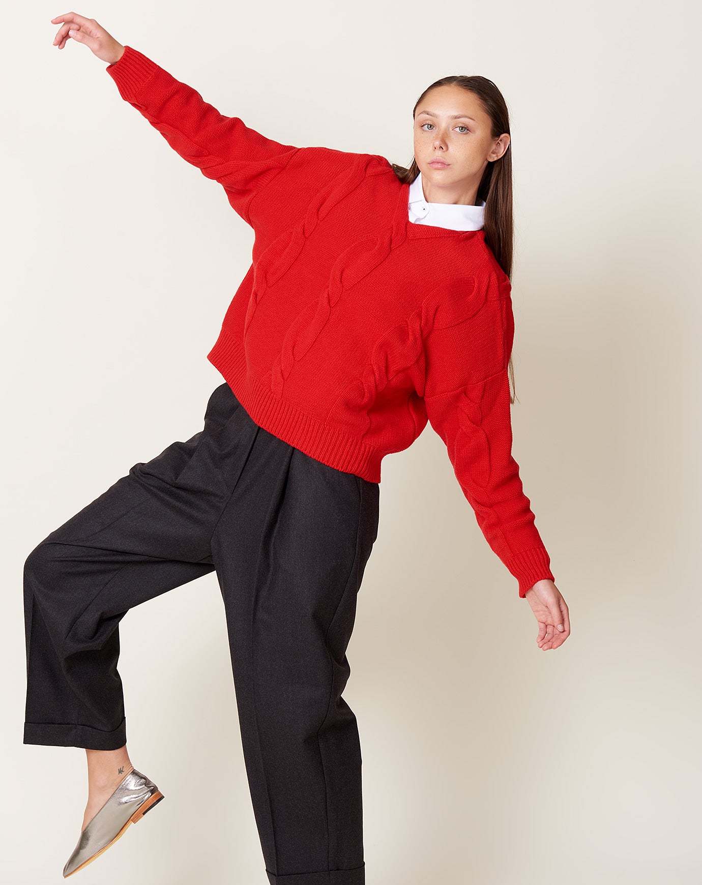 Cordera Wool & Cashmere Braided Sweater in Red