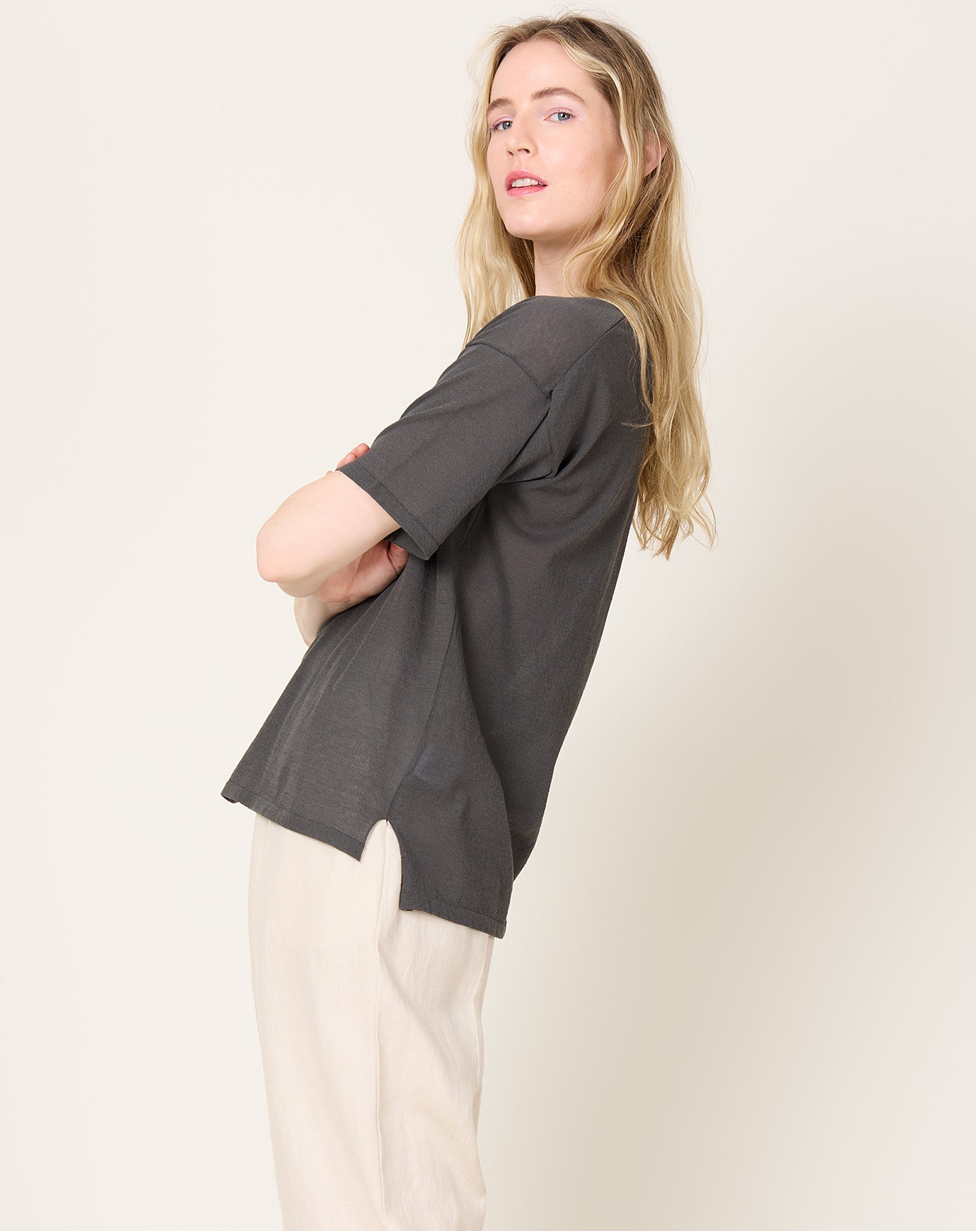 evam eva Cotton Half Sleeve Pullover in Blue Grey