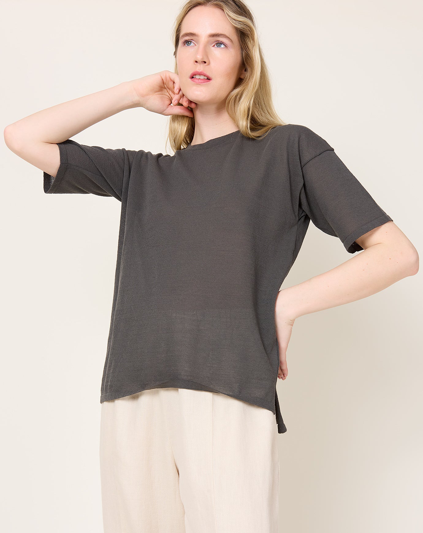 evam eva Cotton Half Sleeve Pullover in Blue Grey