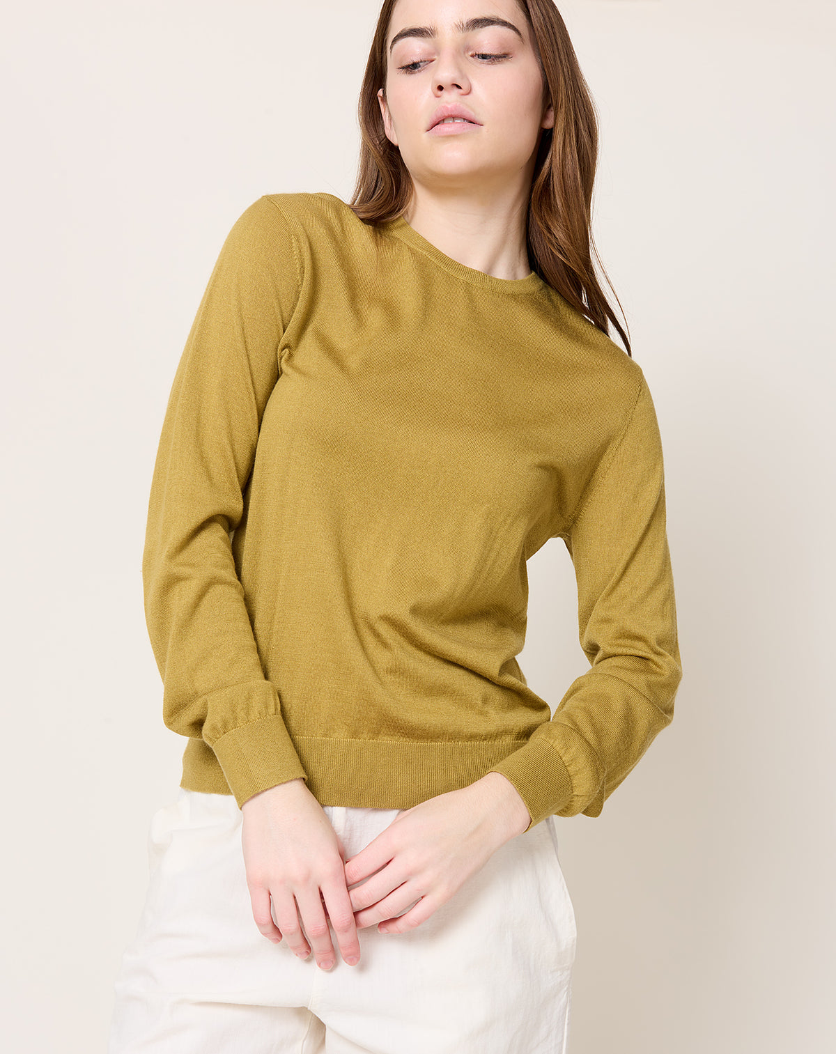Cashmere Silk Mini R Neck Sweater in Gold | Frenckenberger | Covet 