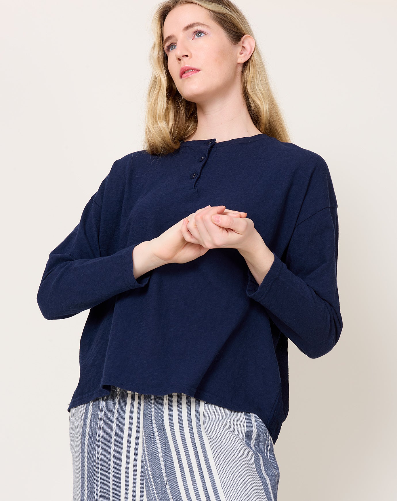 Ichi Antiquités Henley Neck Pullover in Navy & Indigo