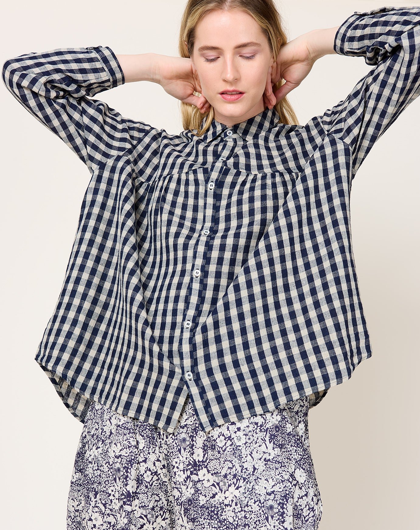 Ichi Antiquités L/C Gingham Shirt in Indigo & Natural