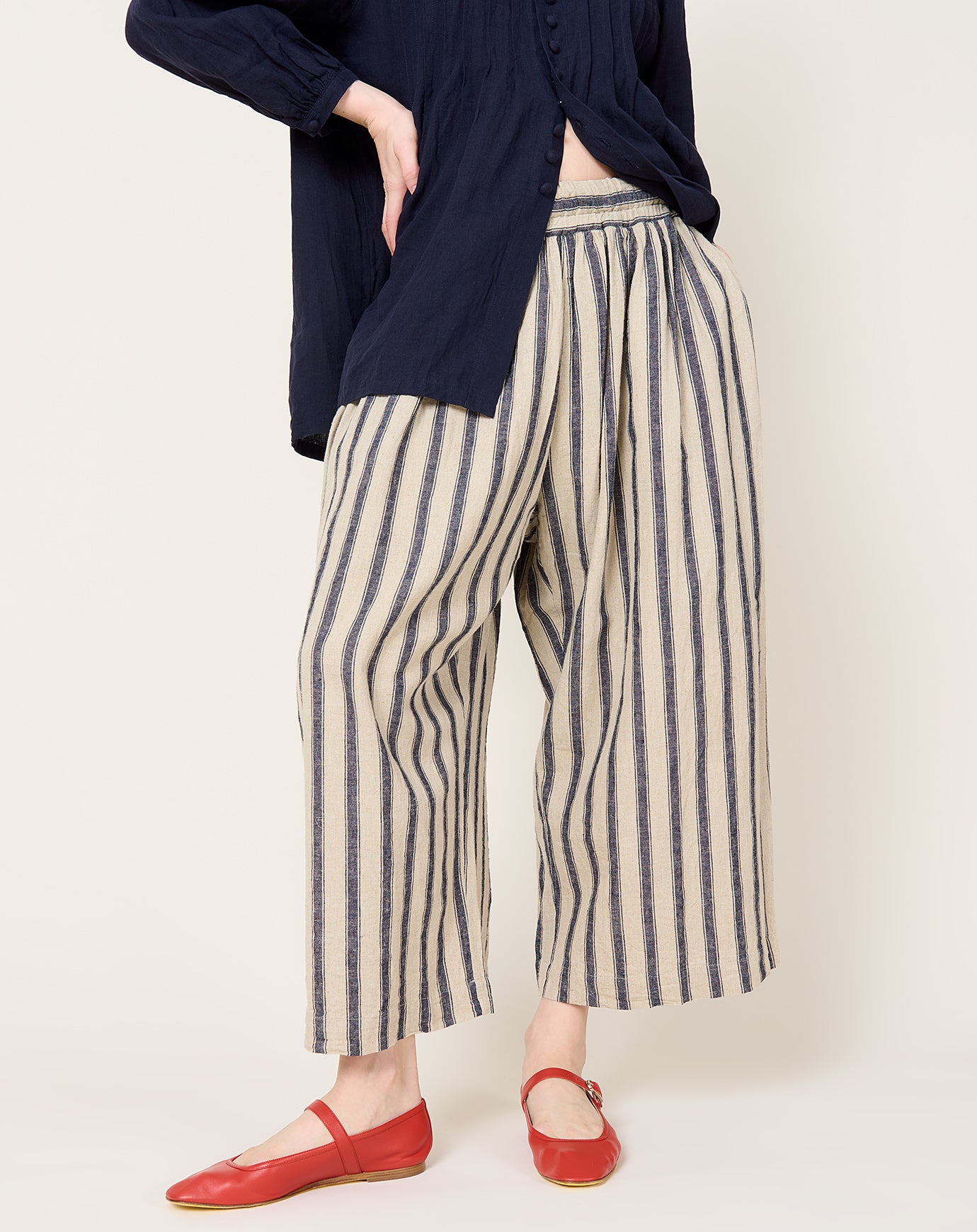 Ichi Antiquités Linen Cotton Stripe Pants in Natural & Indigo