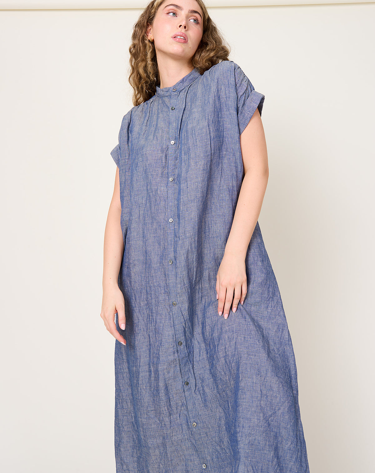 Linen Dungaree Dress in Blue | Ichi Antiquités