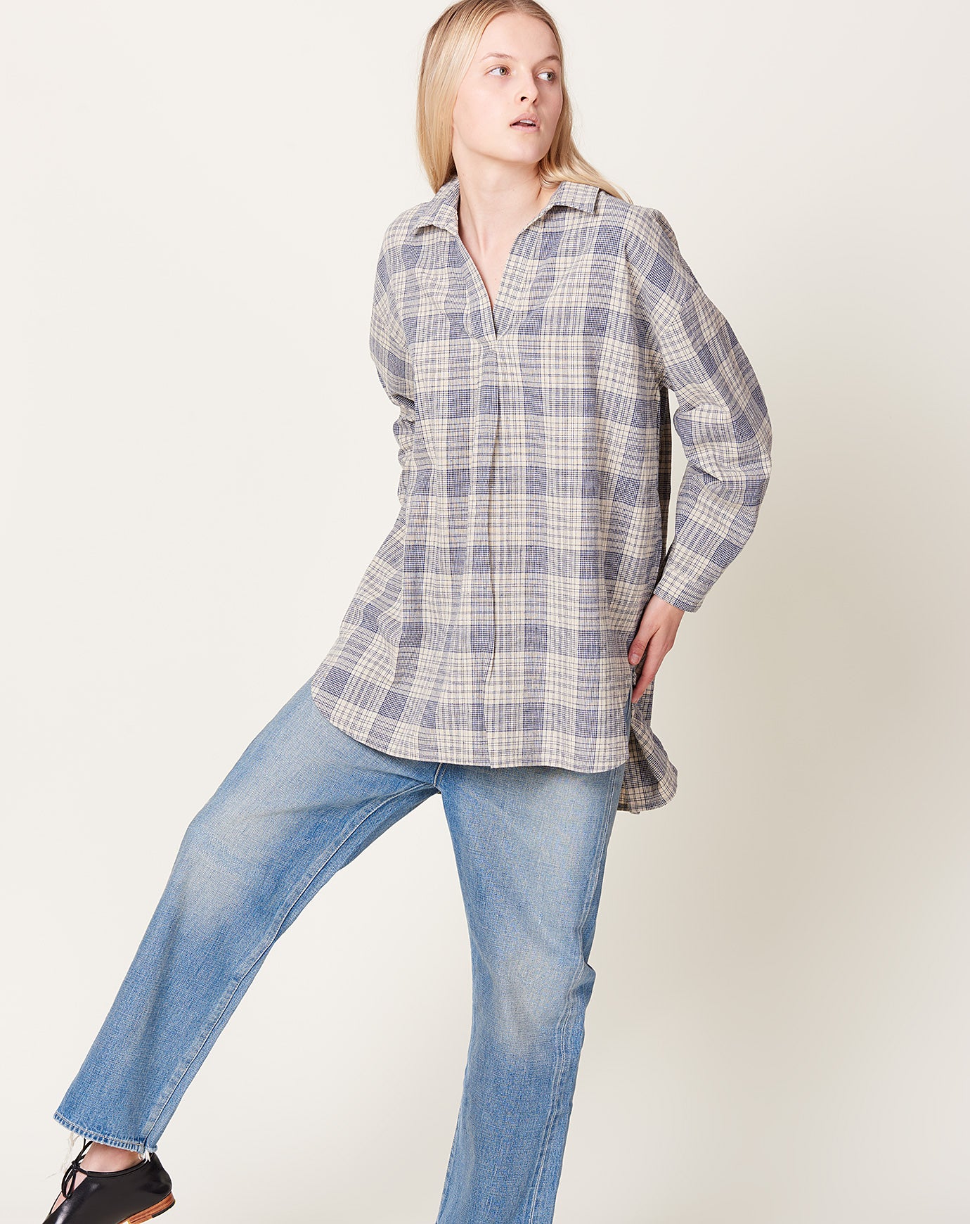 Ichi Nep Check Collared Shirt in Natural