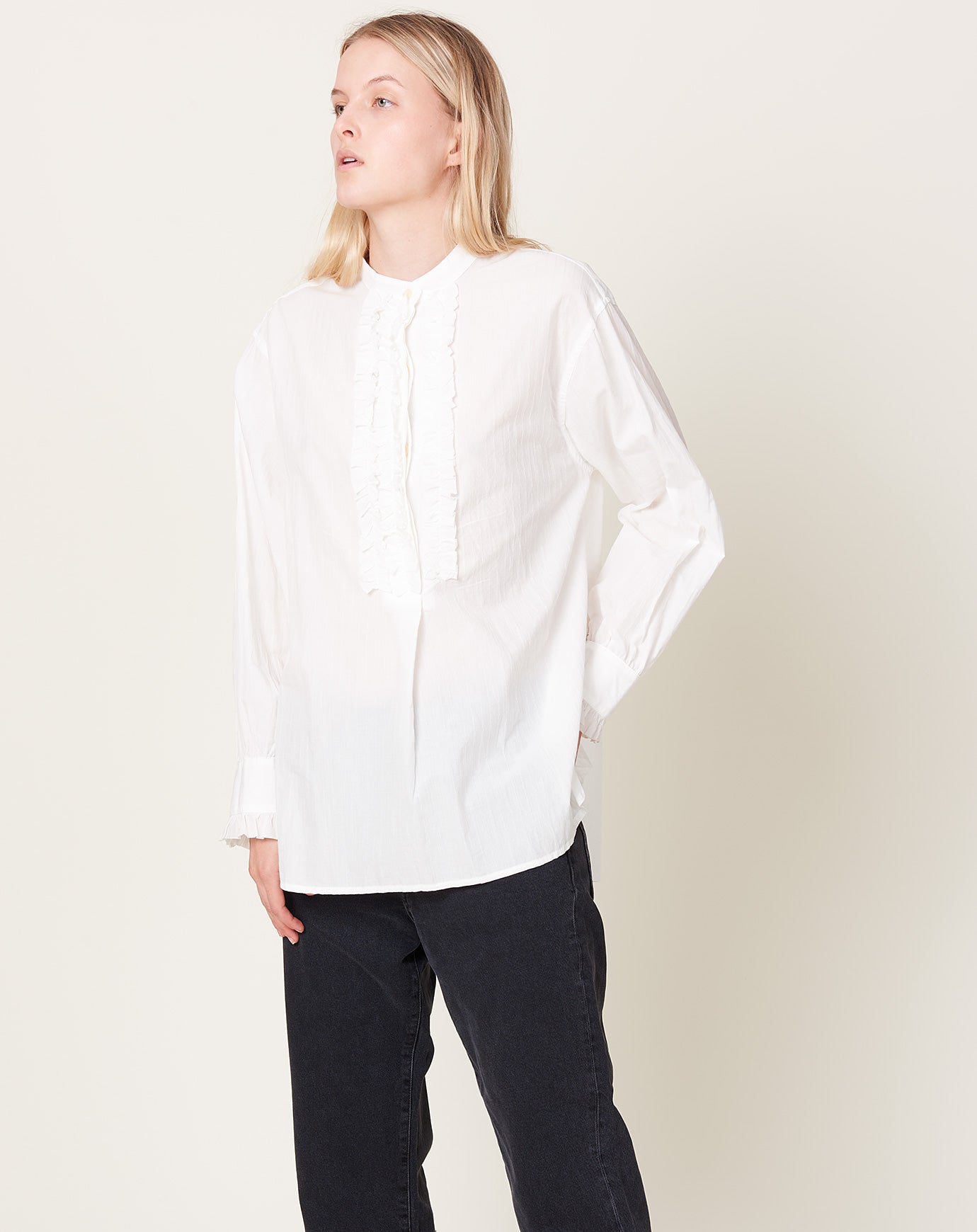 Ichi Organic Cotton Dobby Frill Shirt in White