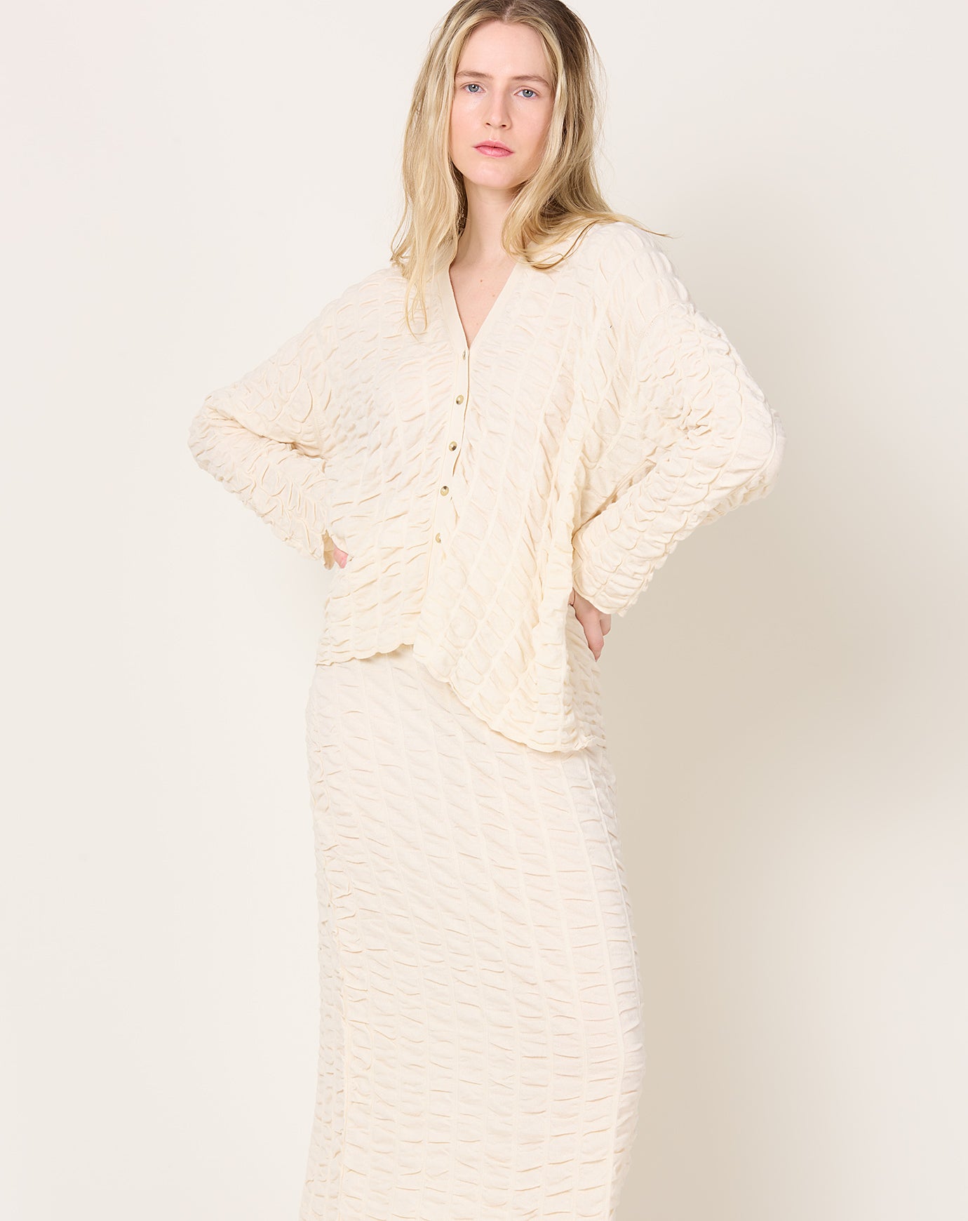 Lauren Manoogian Ruche Cardigan in Creme