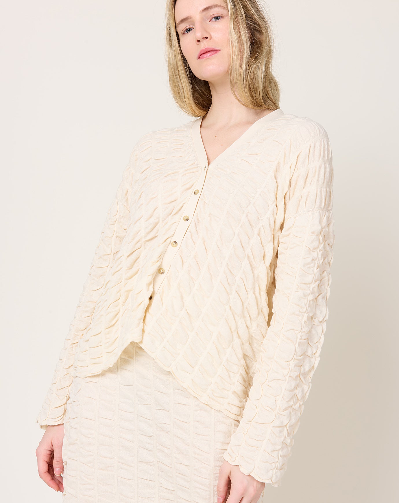 Lauren Manoogian Ruche Cardigan in Creme