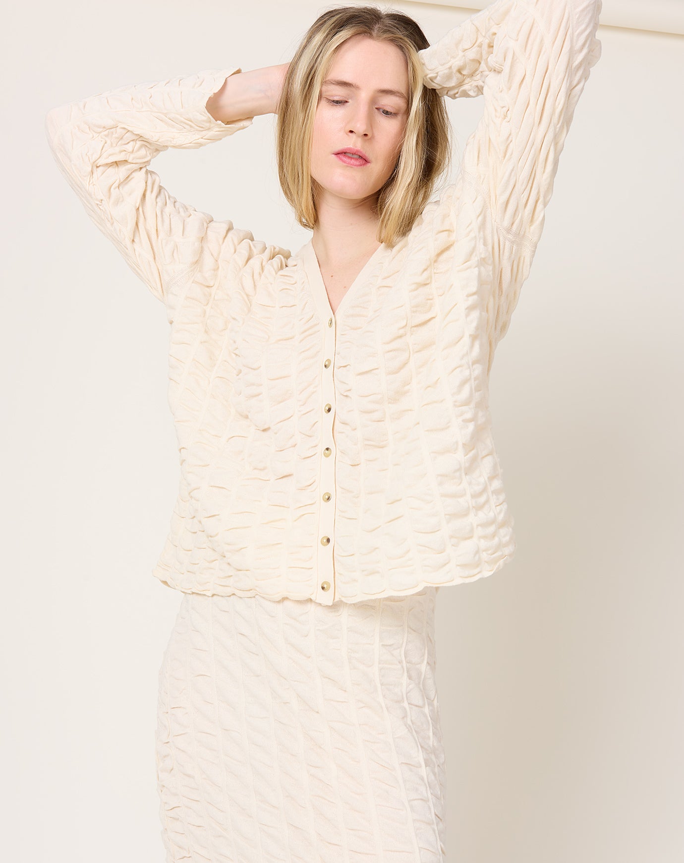 Lauren Manoogian Ruche Cardigan in Creme