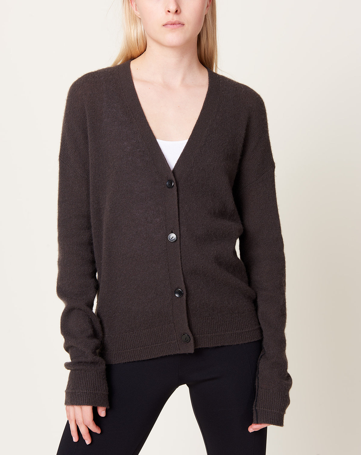 Featherweight Boyfriend Cardigan in Chocolate & Black | Maria McManus |  Covet + Lou