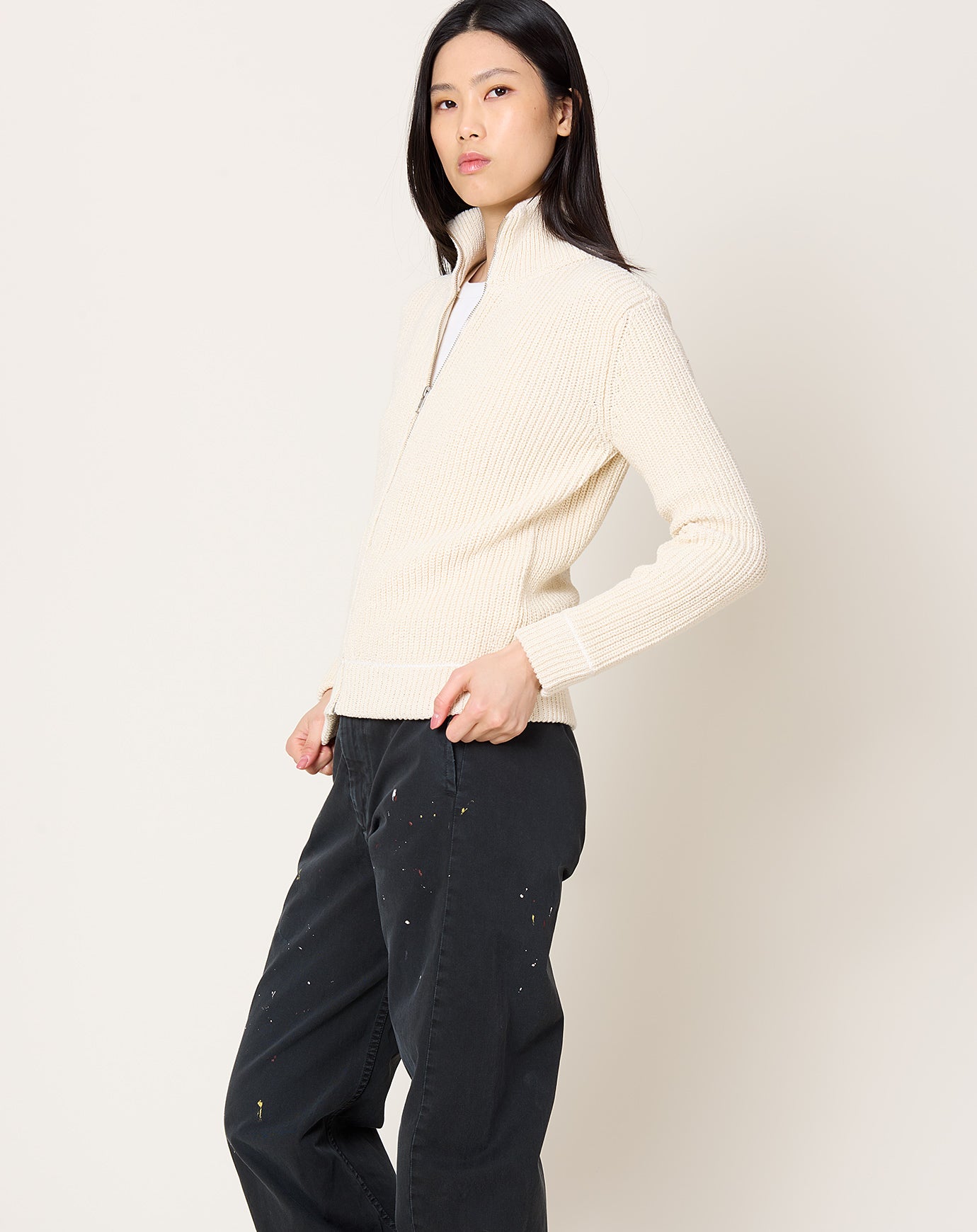 MM6 5 Gauge Ribbed Zip Up in Cream