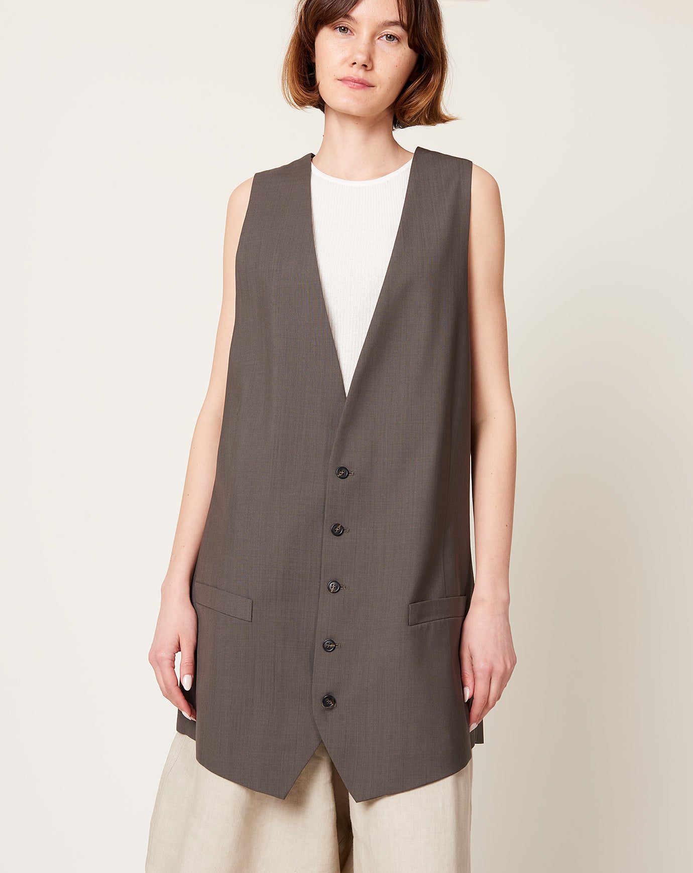 MM6 Tailoring Wool Canvas Waistcoat in Mud Brown