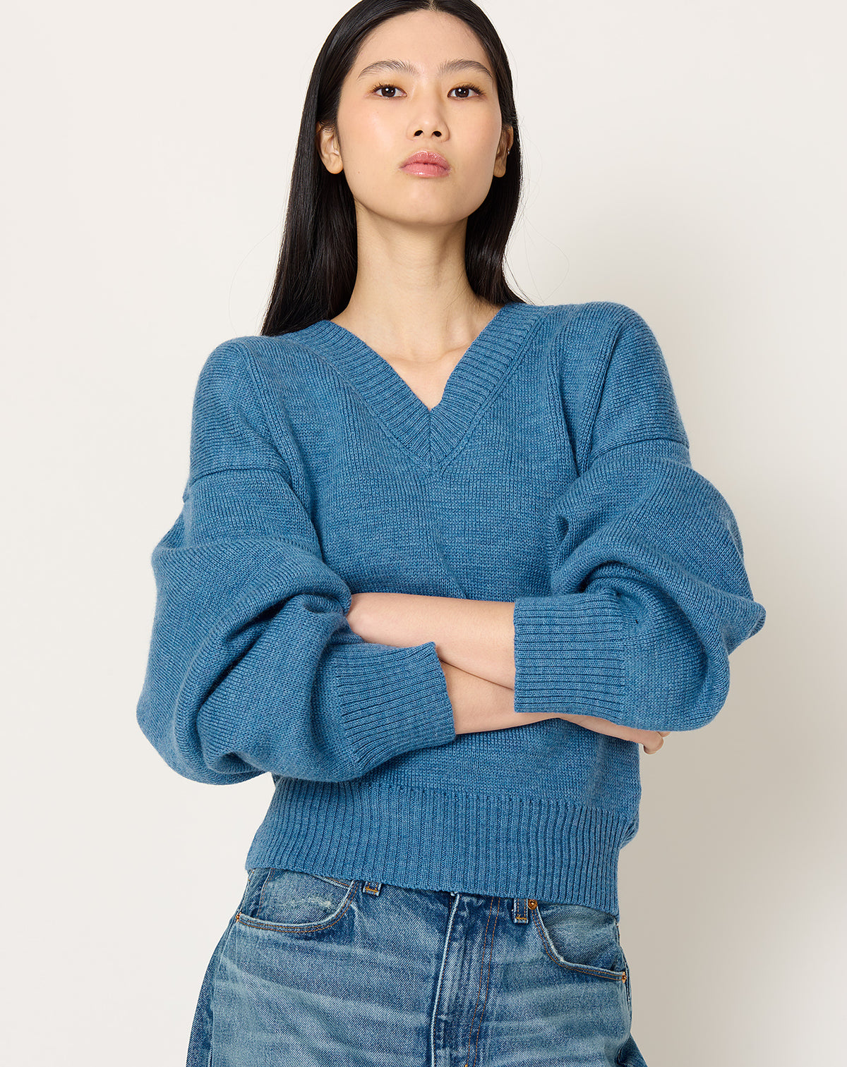 V-neck Knitted Jumper in Denim Blue Melange | Róhe | Covet + Lou 