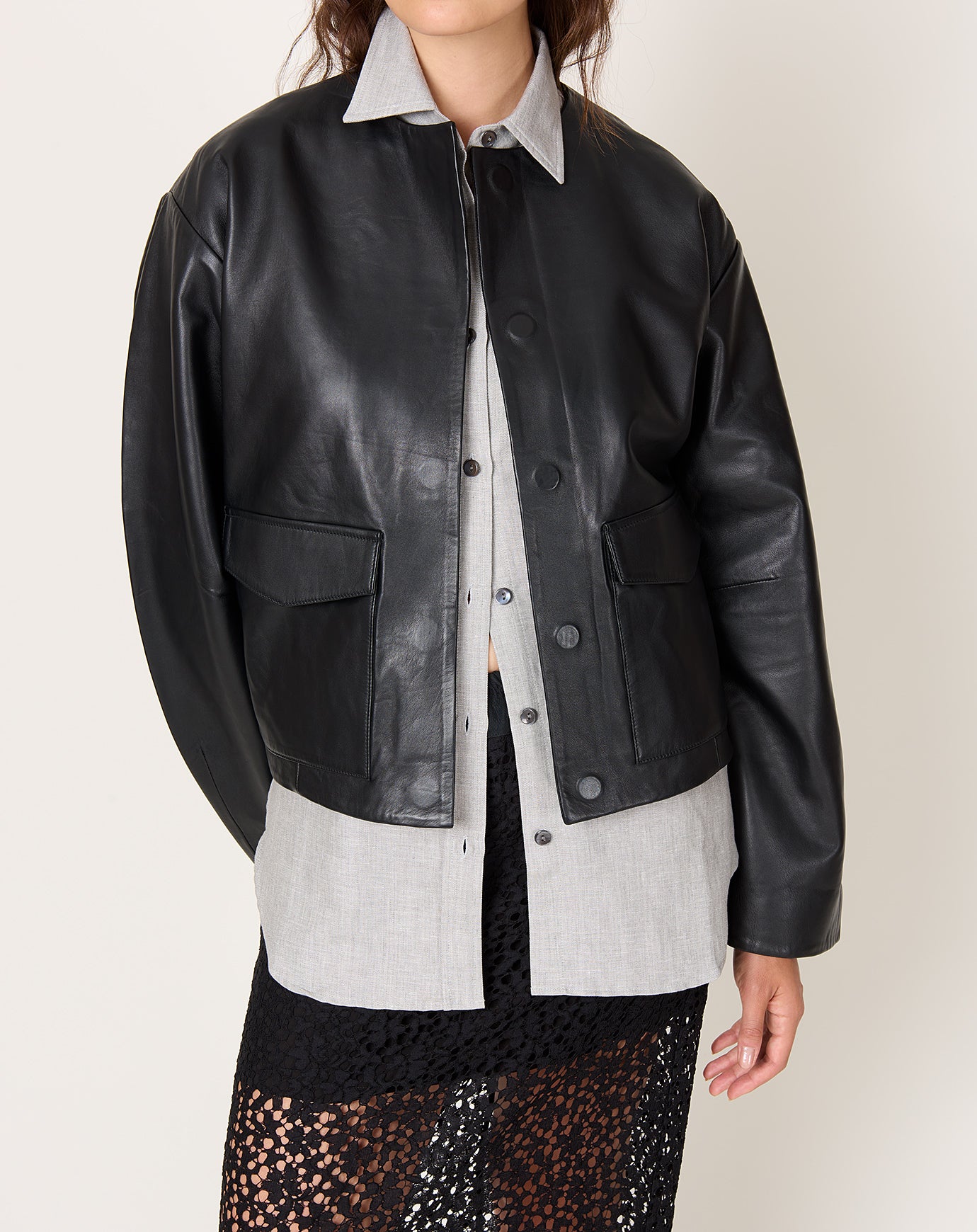 St. Agni Utility Cocoon Leather Bomber in Black