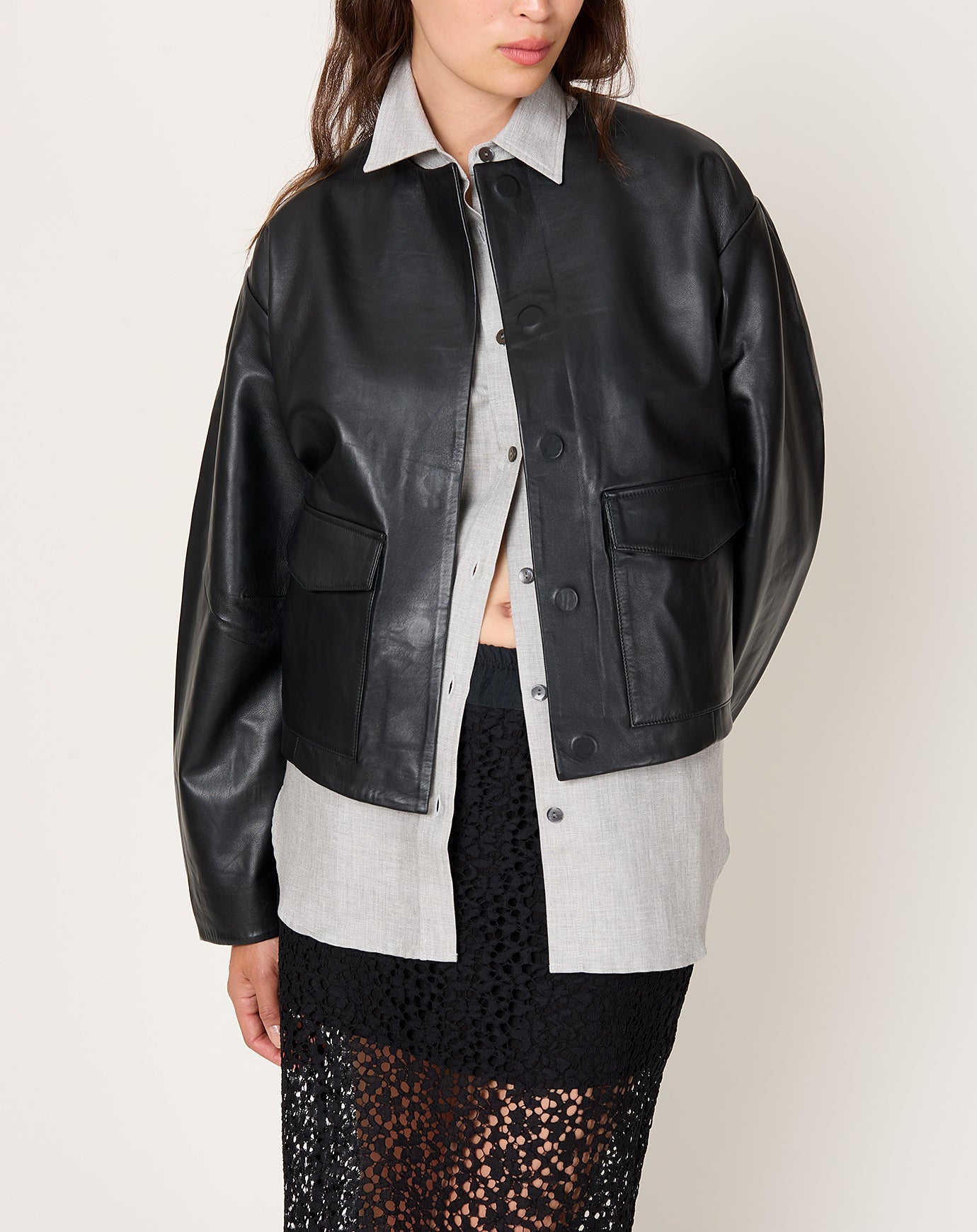 St. Agni Utility Cocoon Leather Bomber in Black