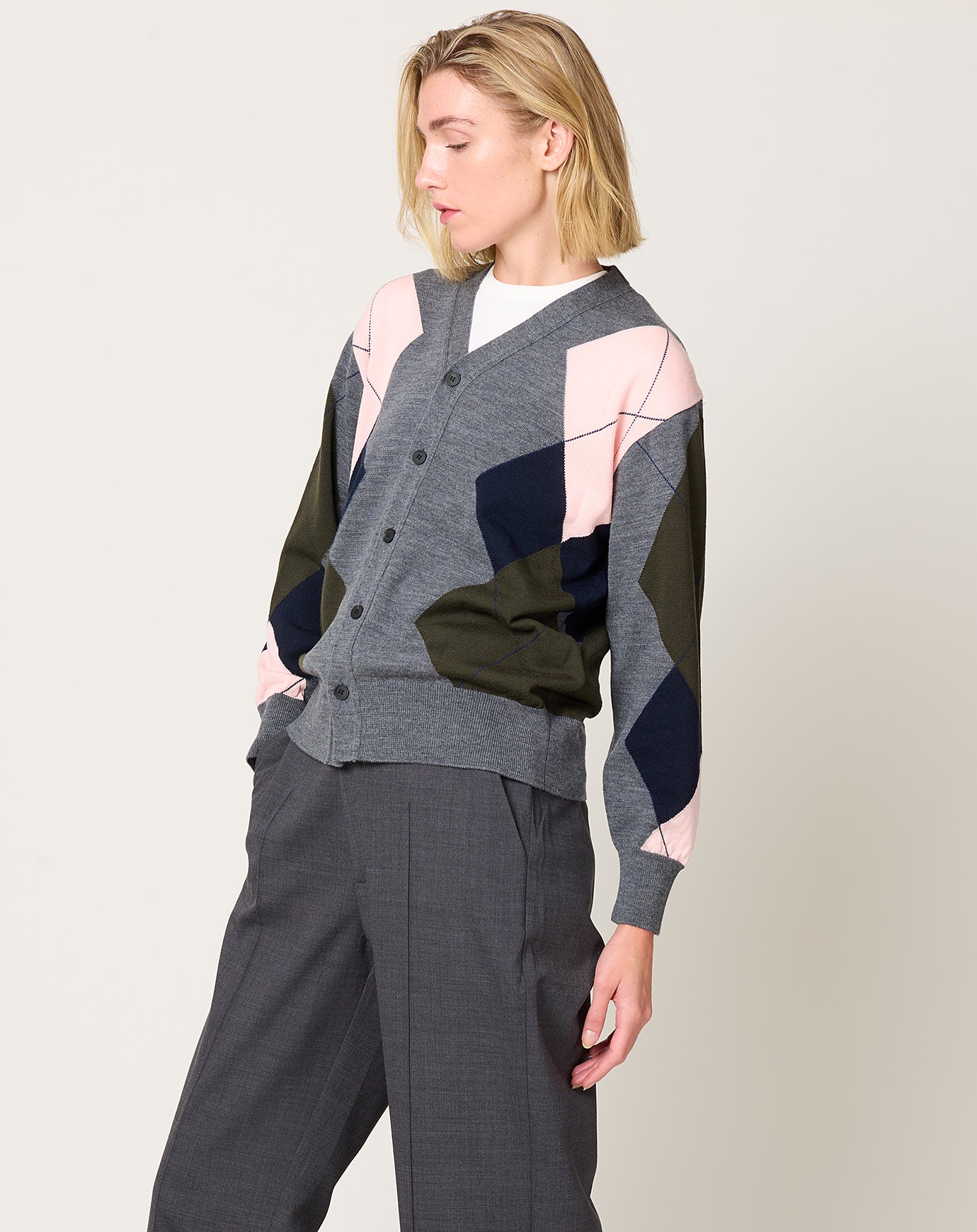 TOGA Archives Argyle Knit Cardigan in Grey