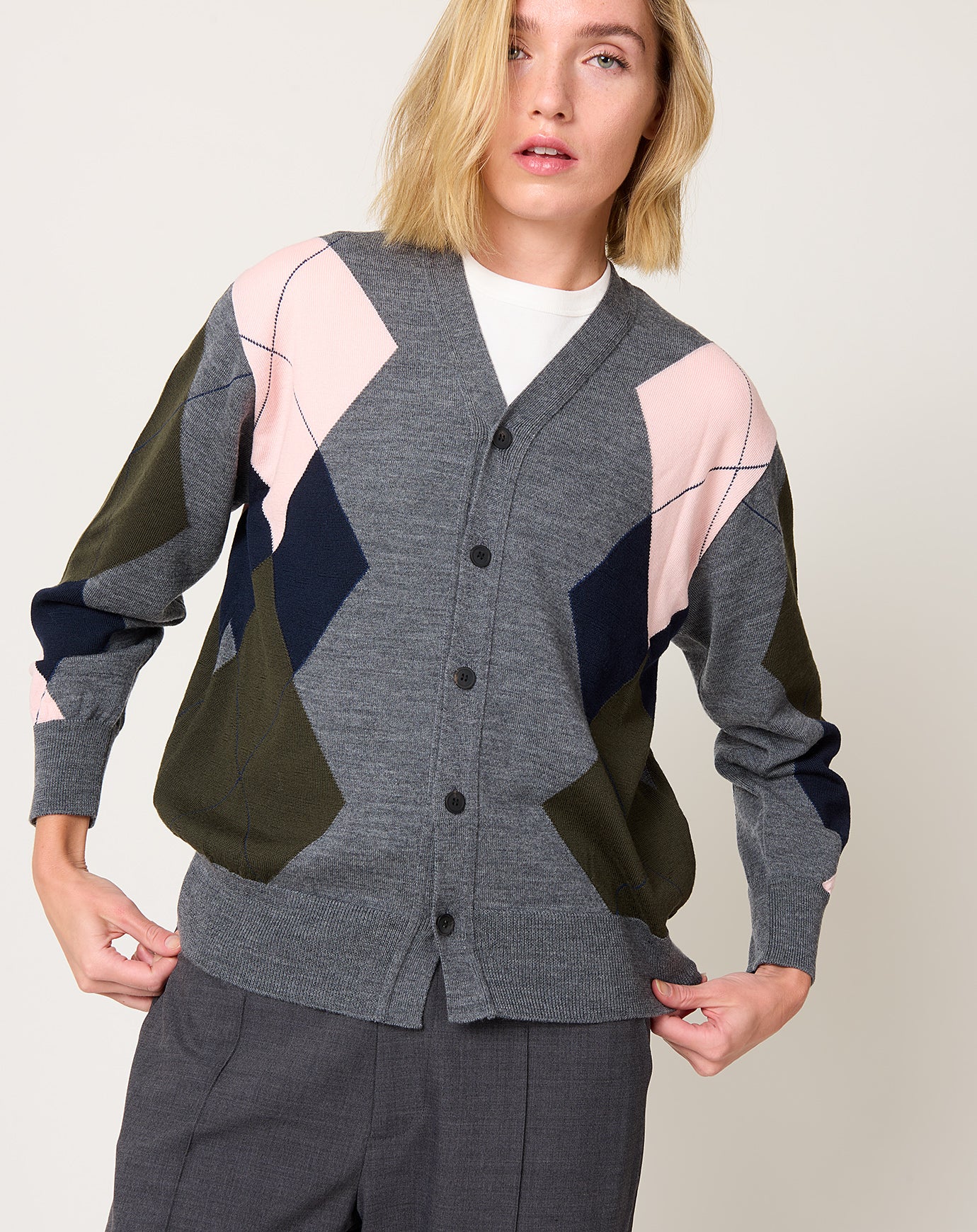 TOGA Archives Argyle Knit Cardigan in Grey