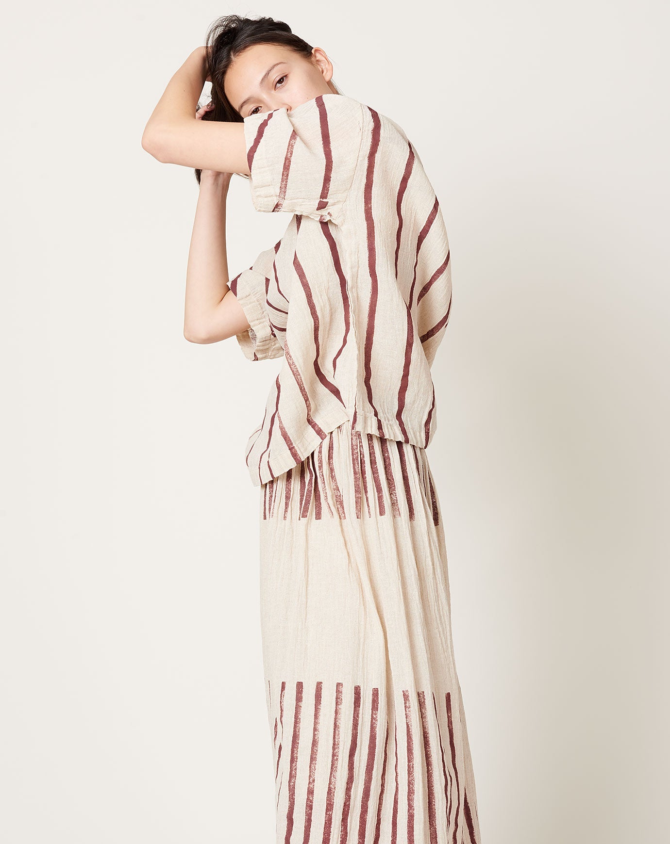Black Crane Stripe Print Crew Top