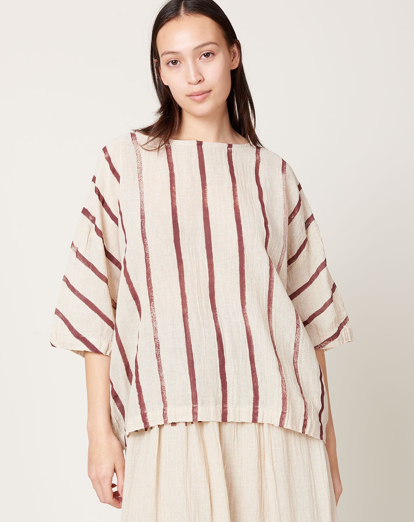 Black Crane Stripe Print Crew Top