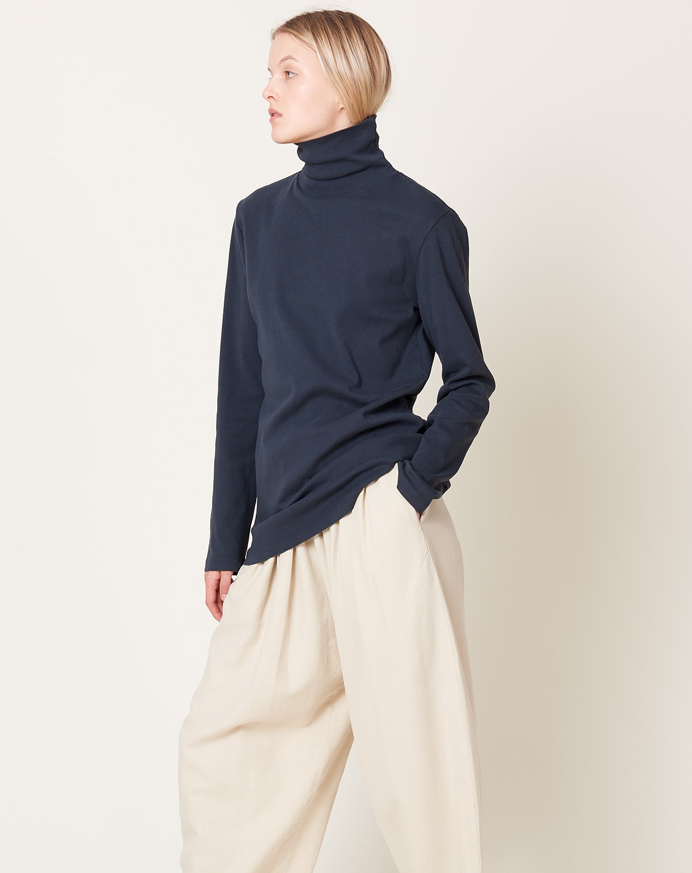Black Crane Turtleneck Top in Dark Navy