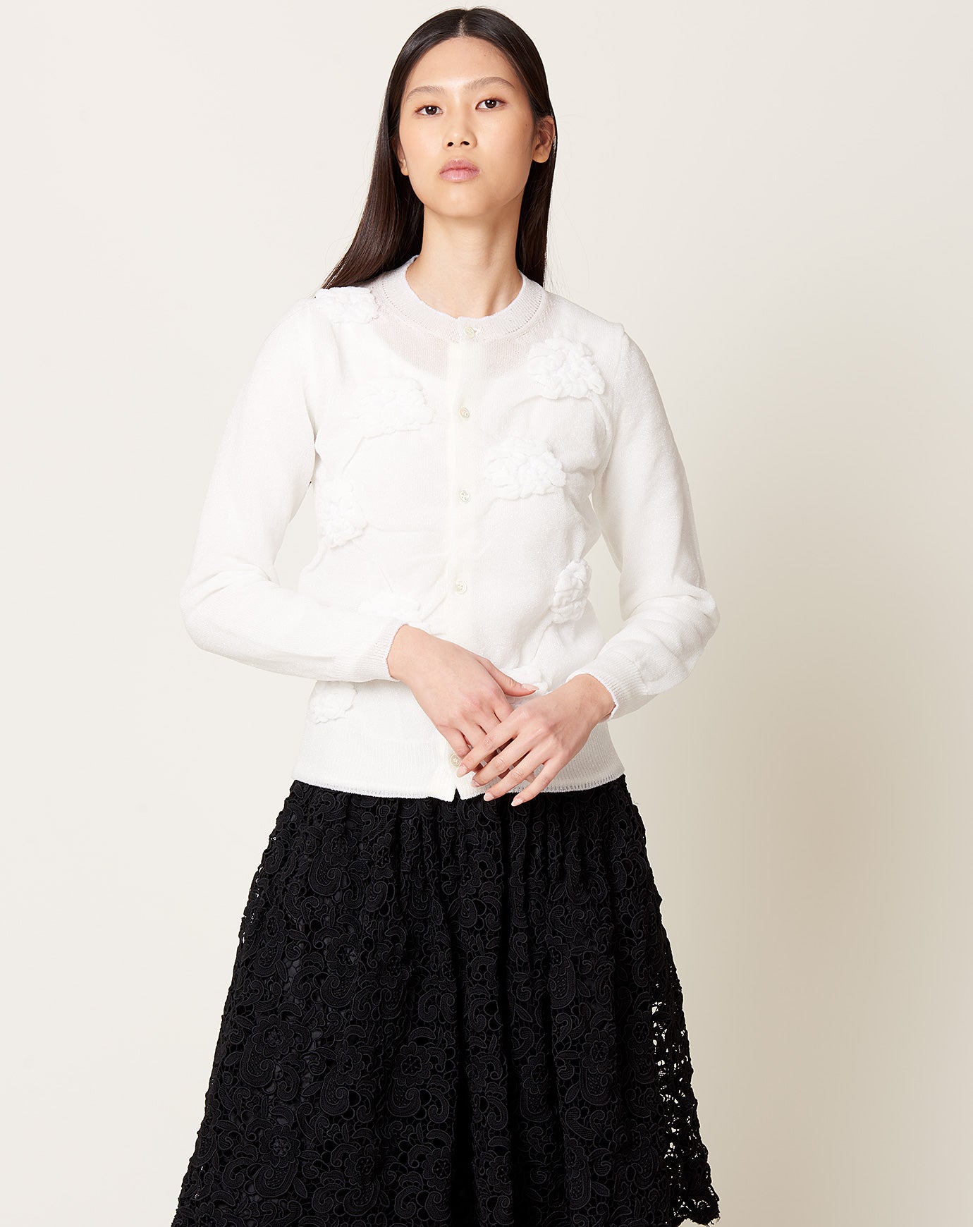 Flower Jacquard Cardigan in Off White
