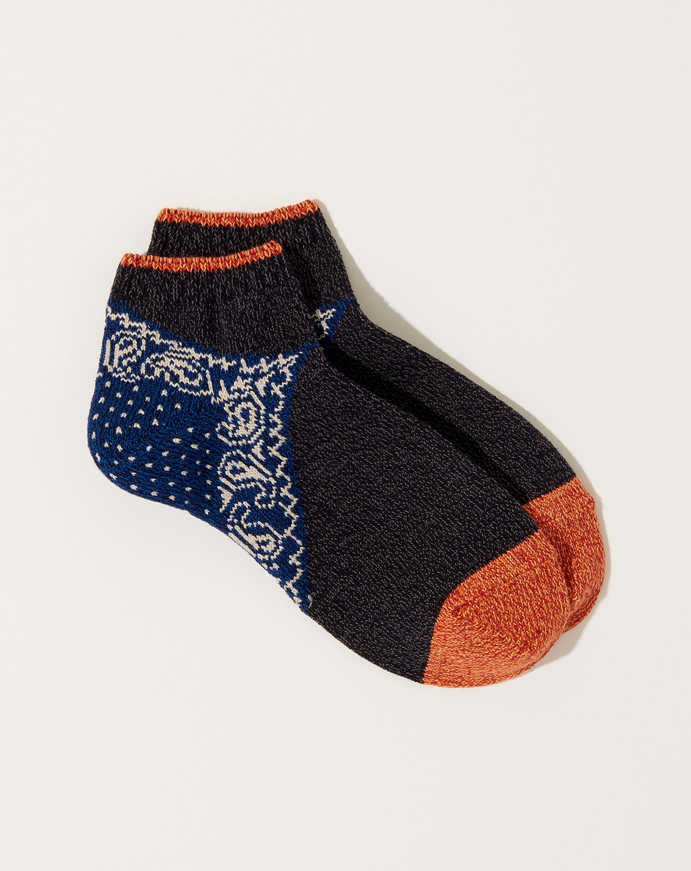 Kapital 96 Yarns Paisley Bandana Heel Ankle Socks in Black & Navy