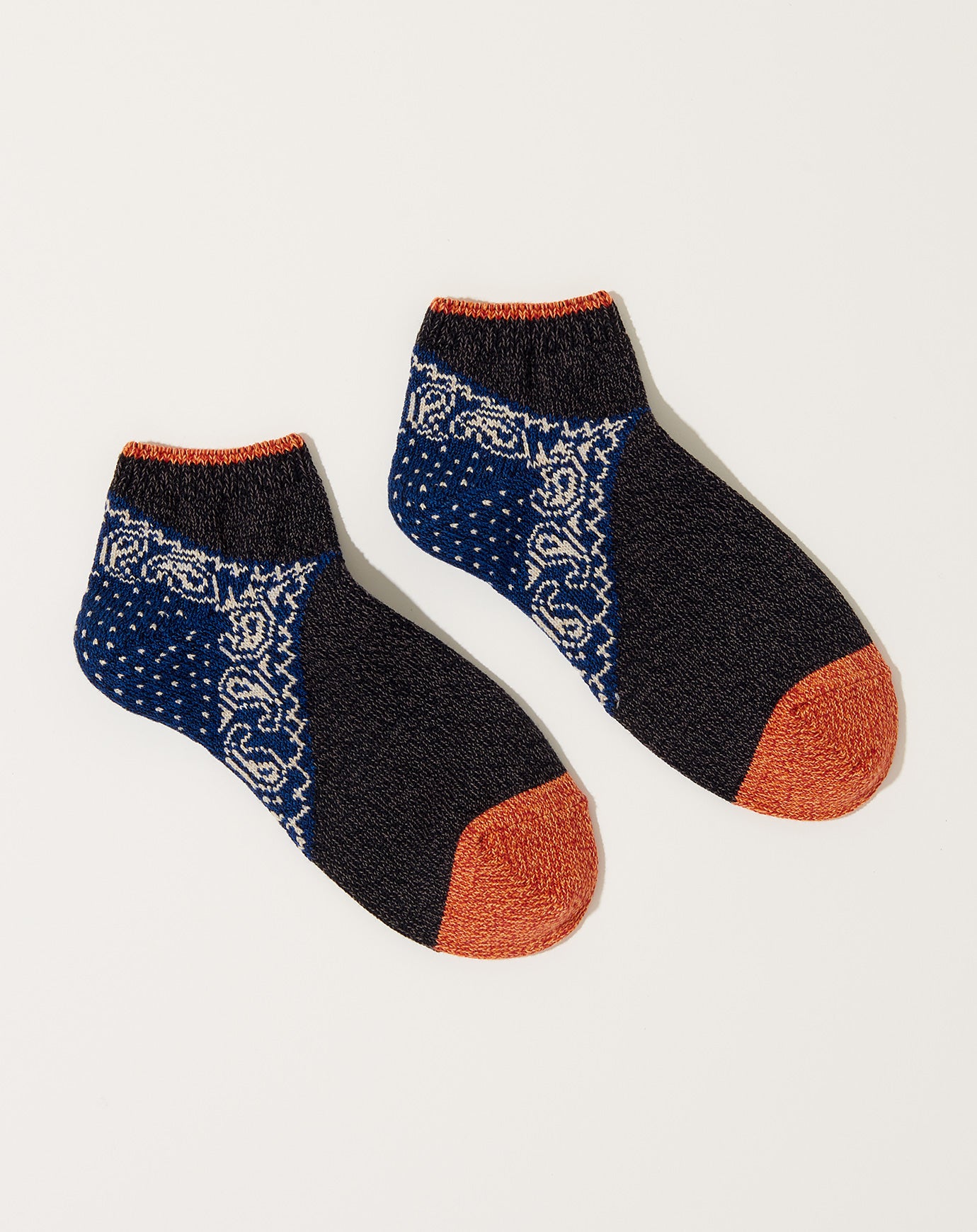 Kapital 96 Yarns Paisley Bandana Heel Ankle Socks in Black & Navy