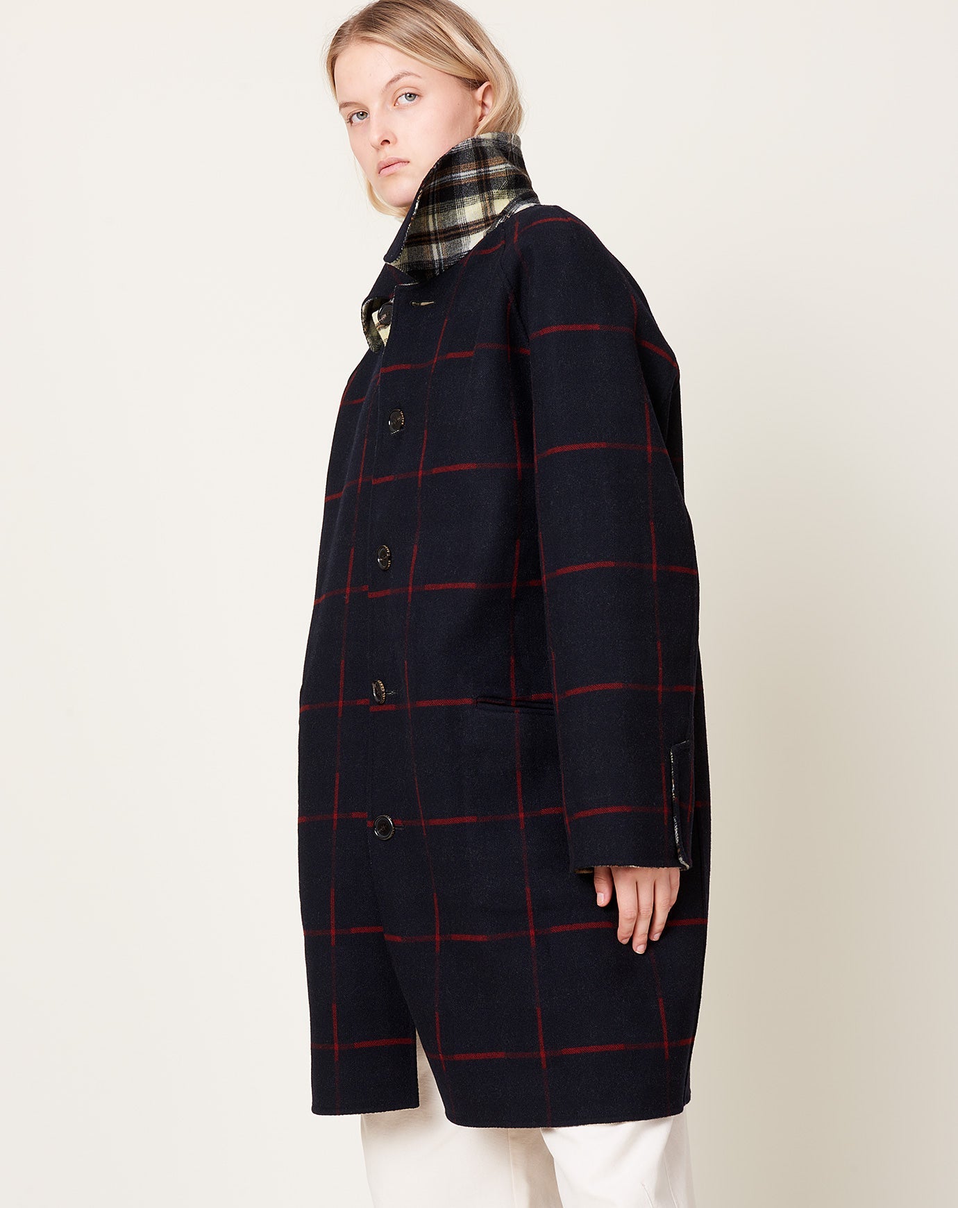 Albie Coat in Navy Double Face Plaid