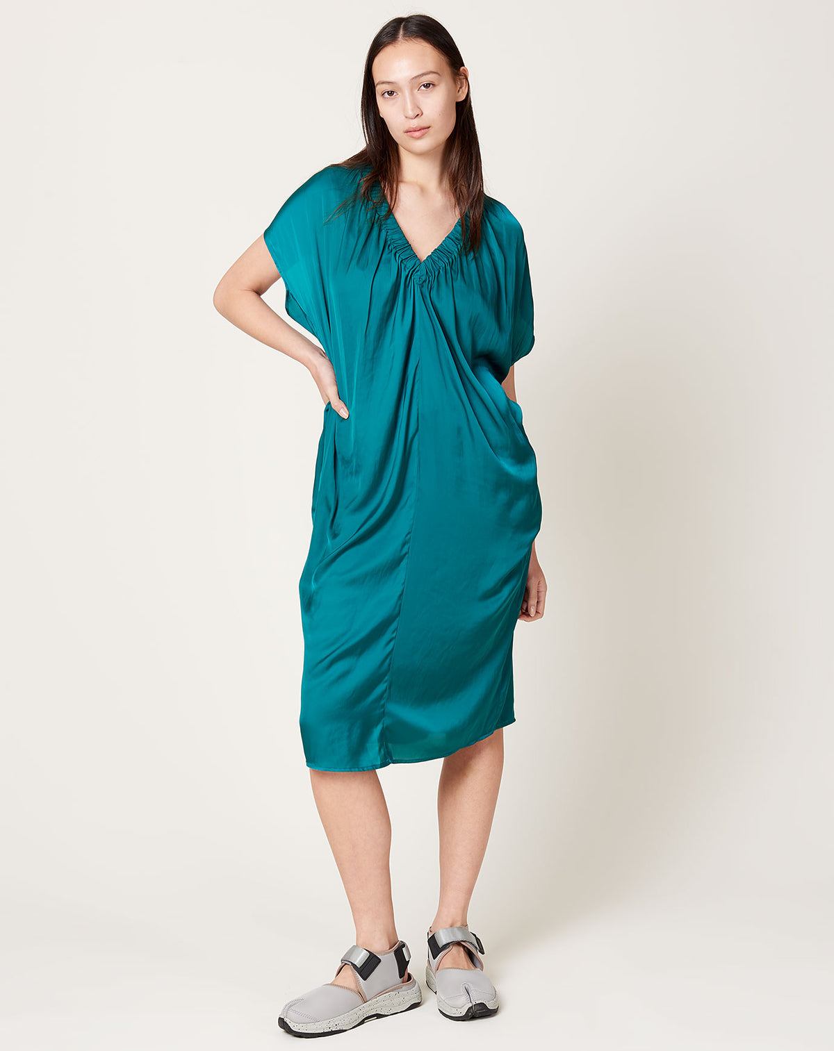 teal ruched dress Coast Women's Satin Ruched Detail Cap Midi Dress in Teal