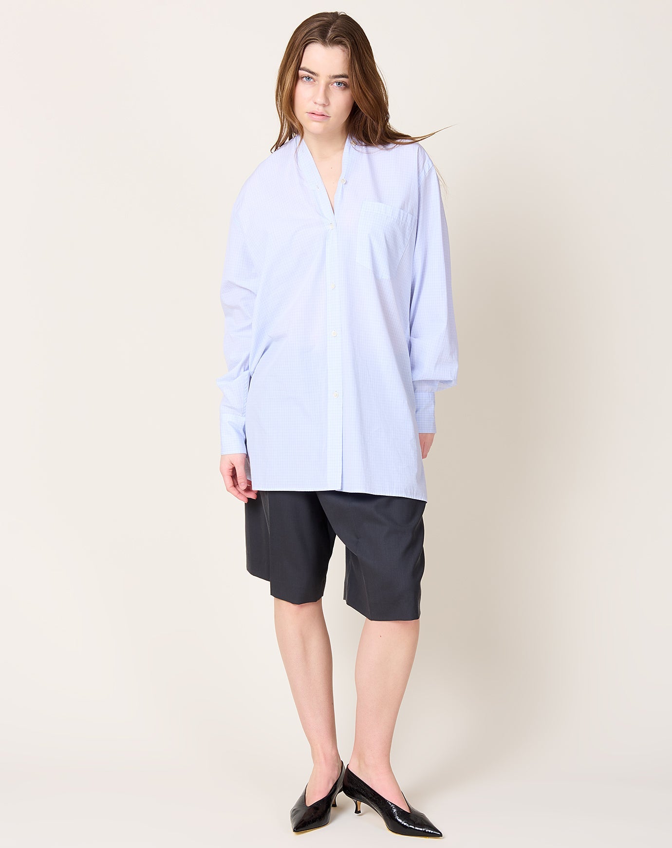 6397 Collarless Shirt in Blue Check