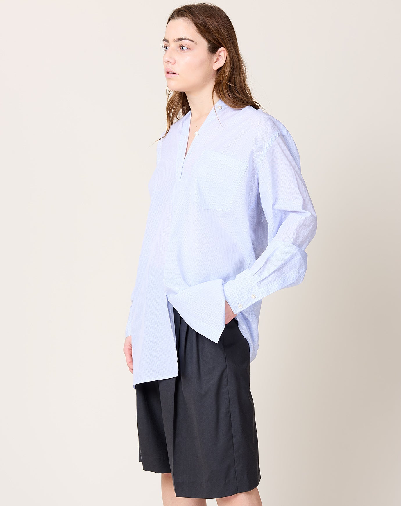 6397 Collarless Shirt in Blue Check