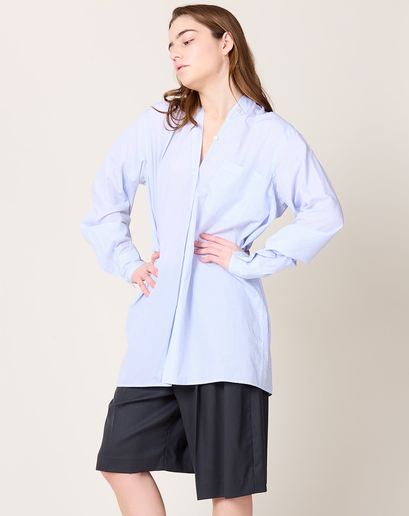 6397 Collarless Shirt in Blue Check