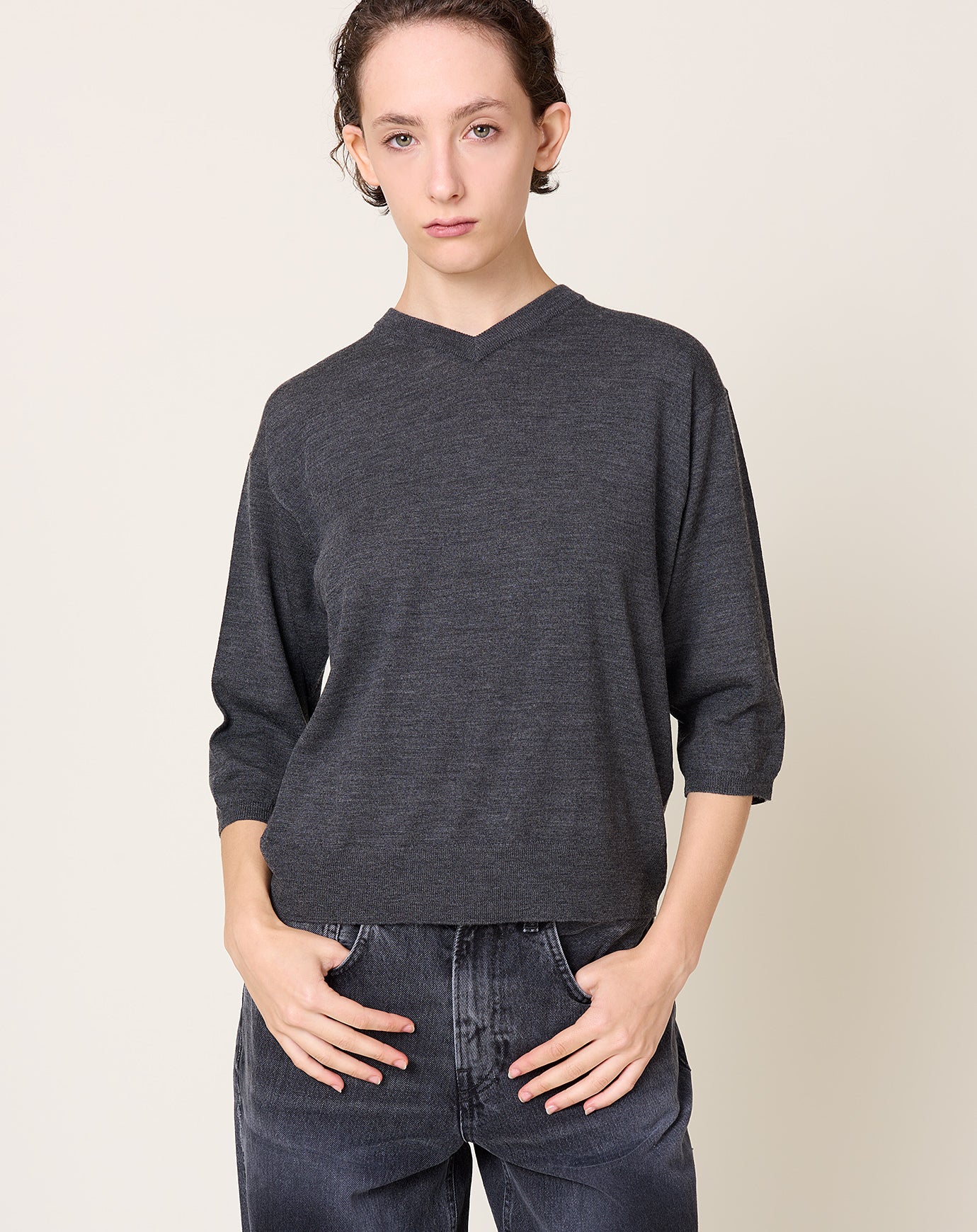 6397 Elbow V Neck in Charcoal