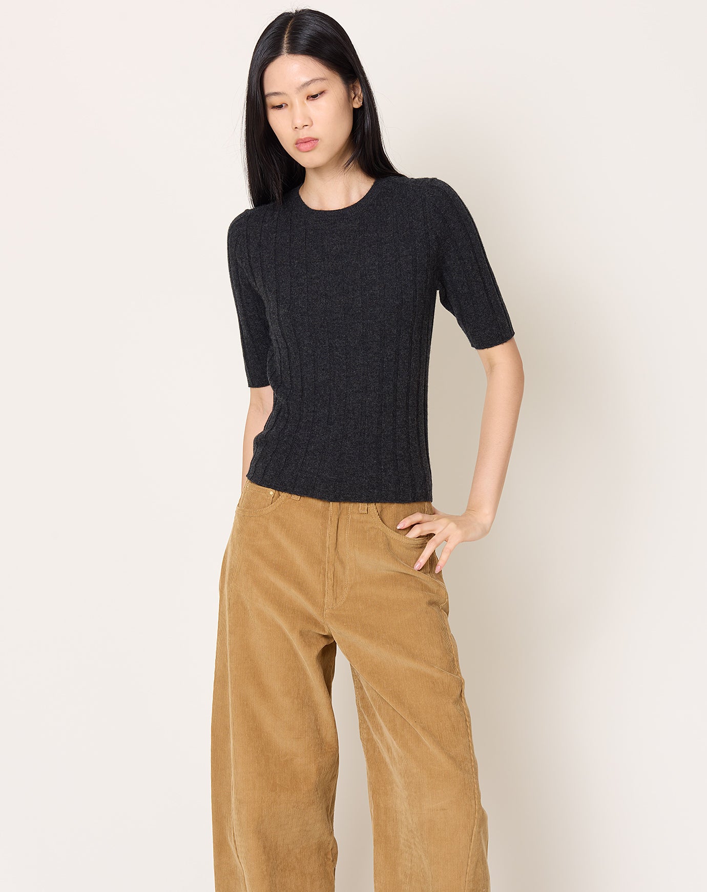 7115 by Szeki Ribbed Short Sleeve in Charcoal