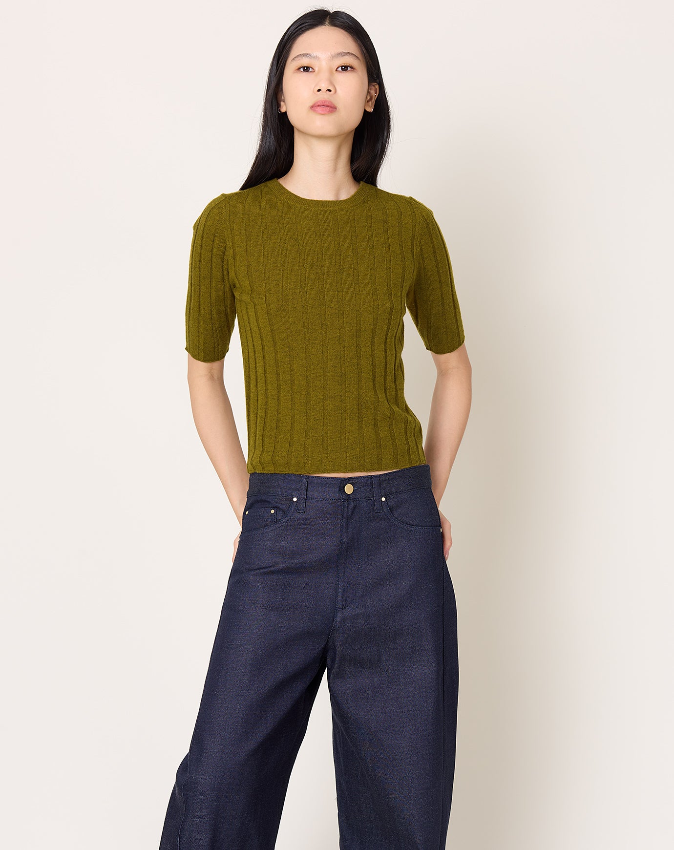 7115 by Szeki Ribbed Short Sleeve in Kelp