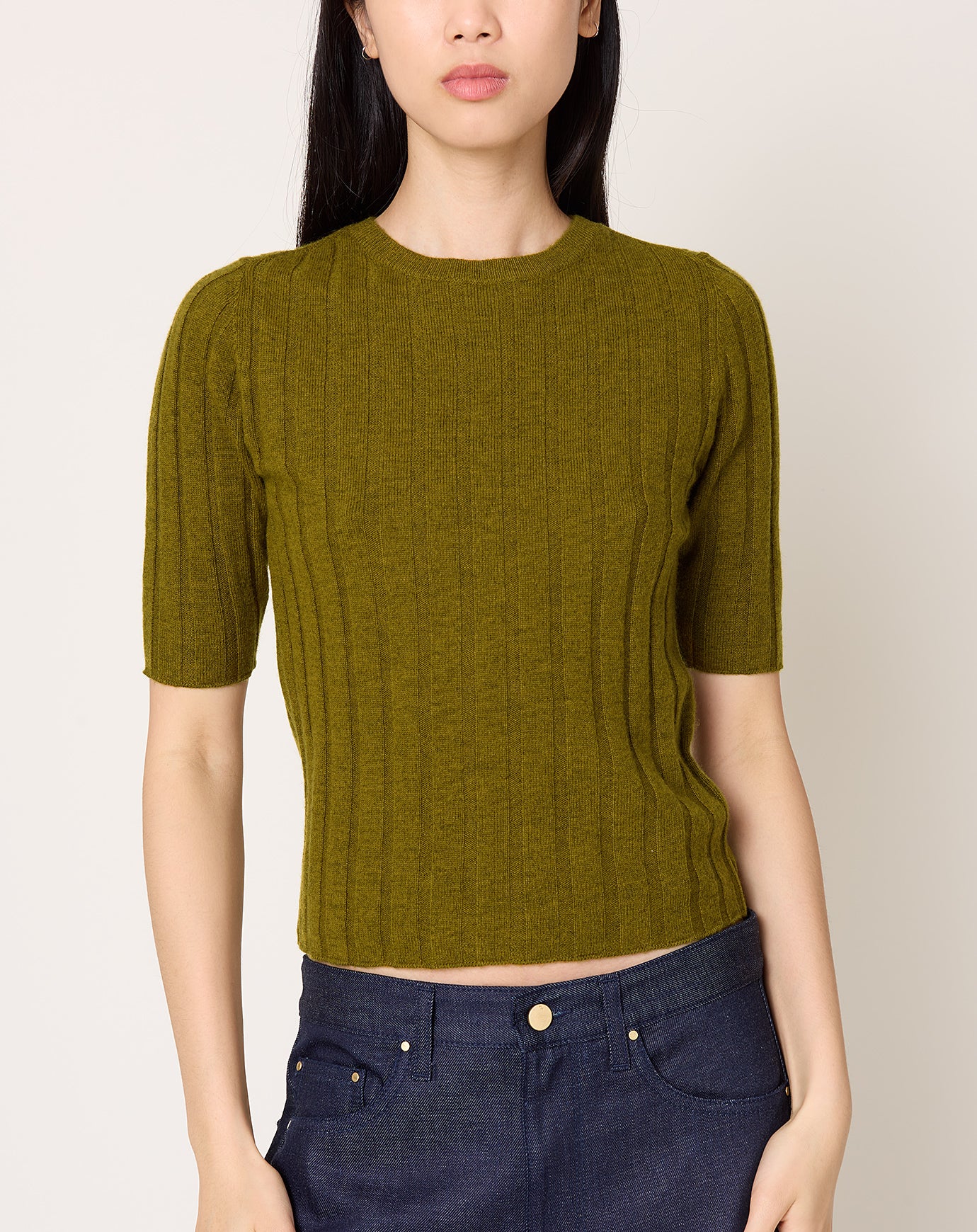 7115 by Szeki Ribbed Short Sleeve in Kelp