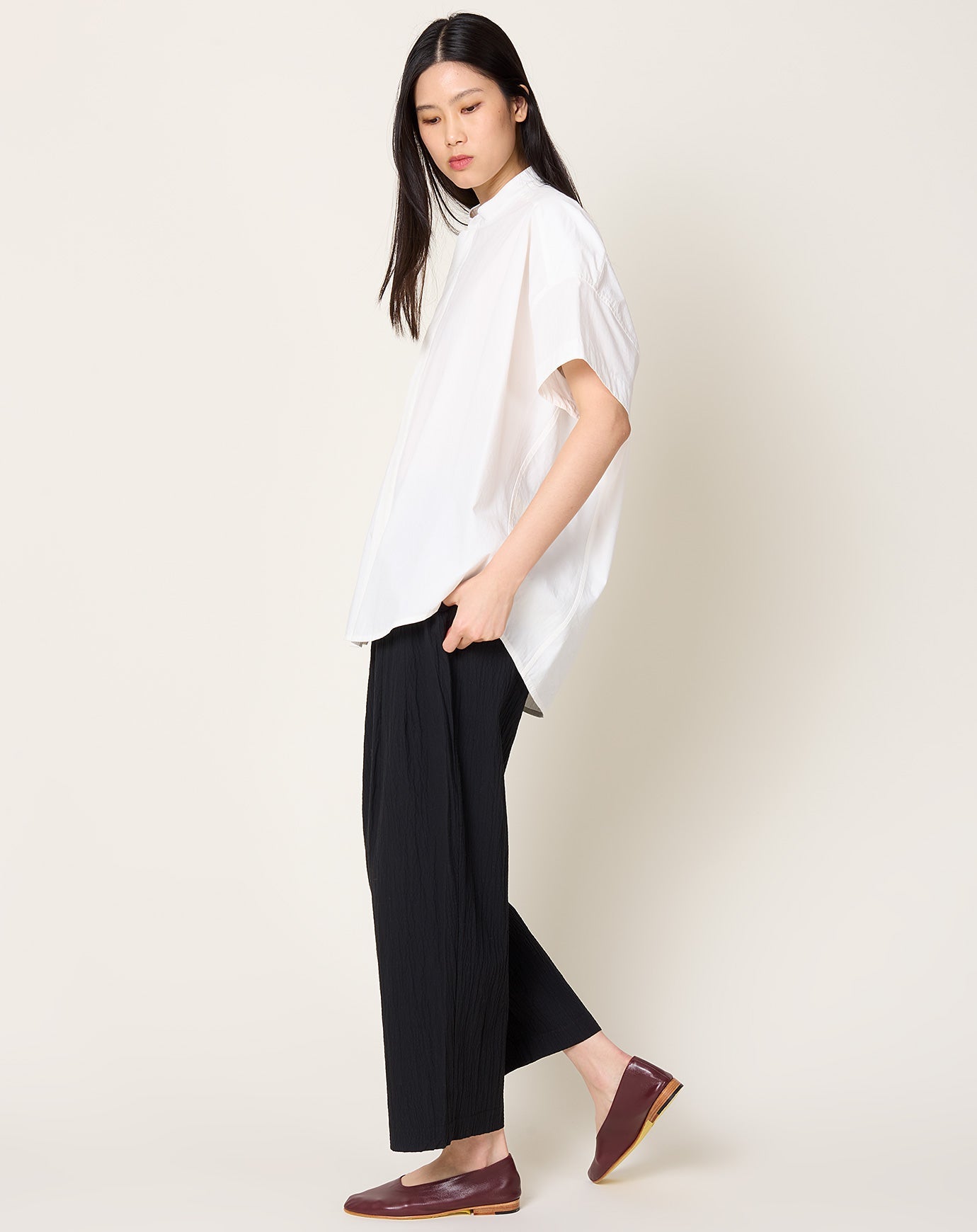7115 by Szeki Mandarin Cocoon Short Sleeve Shirt in Off-White