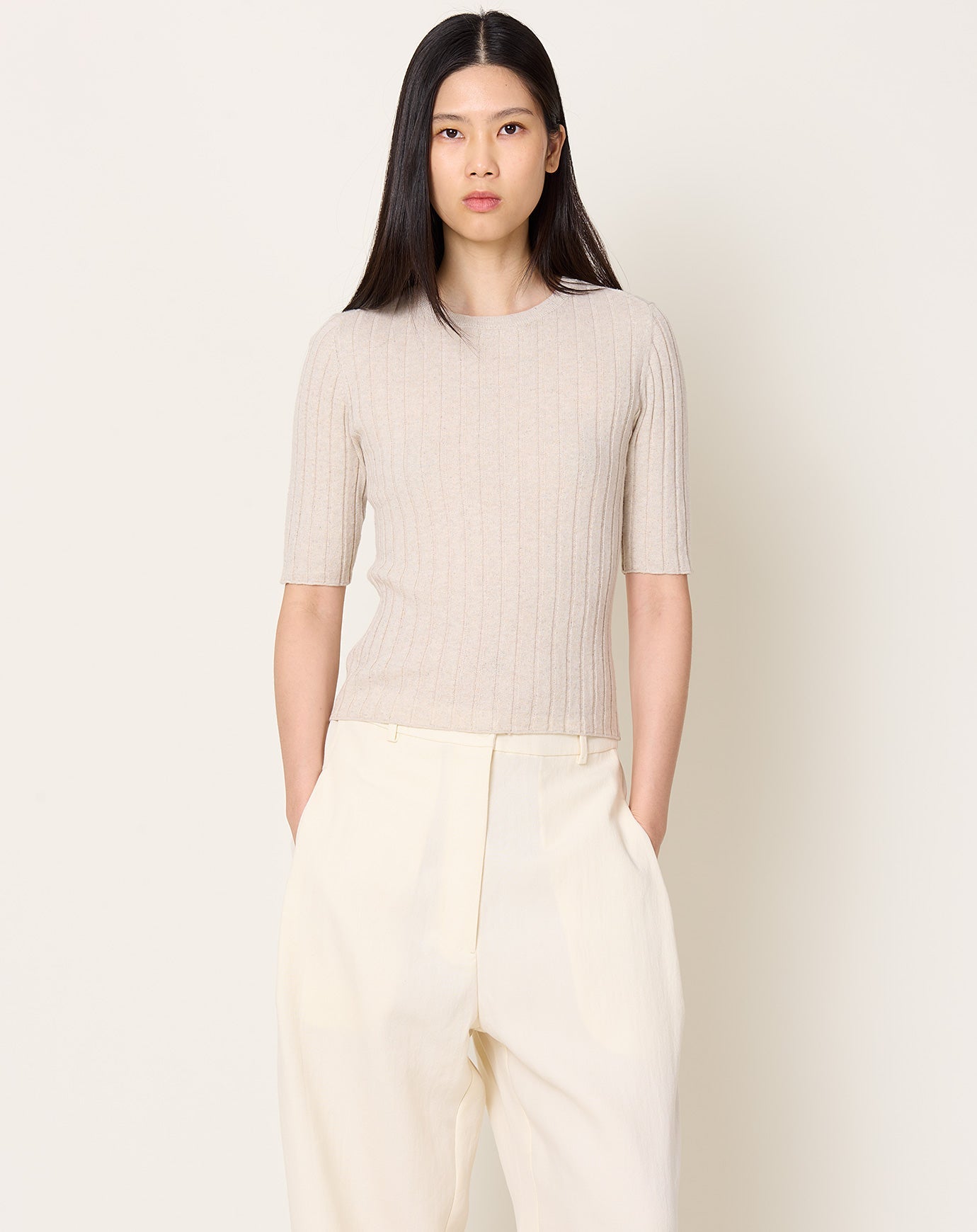 7115 by Szeki Mid-Sleeve Ribbed Fine Knit in Sand Beige