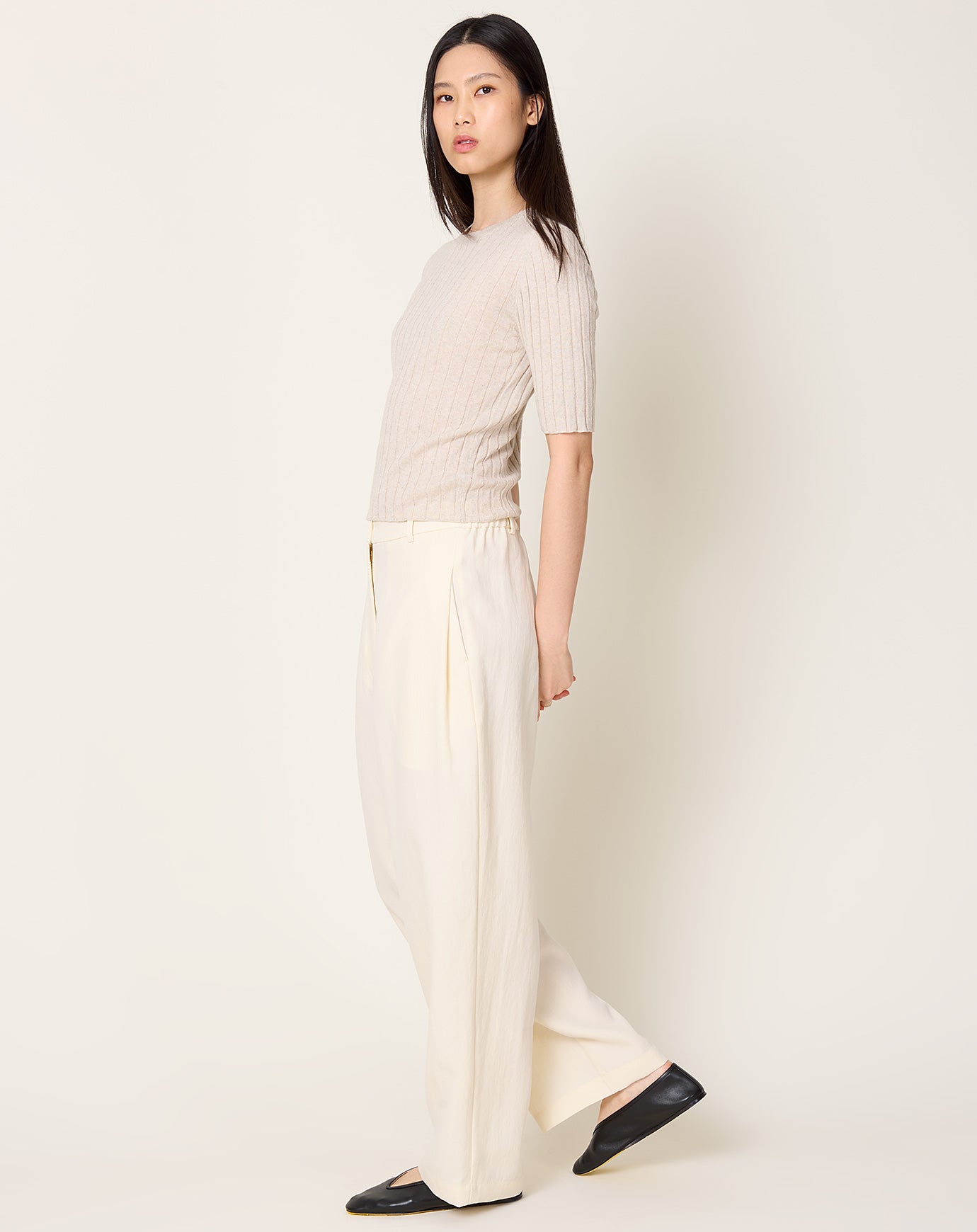 7115 by Szeki Mid-Sleeve Ribbed Fine Knit in Sand Beige