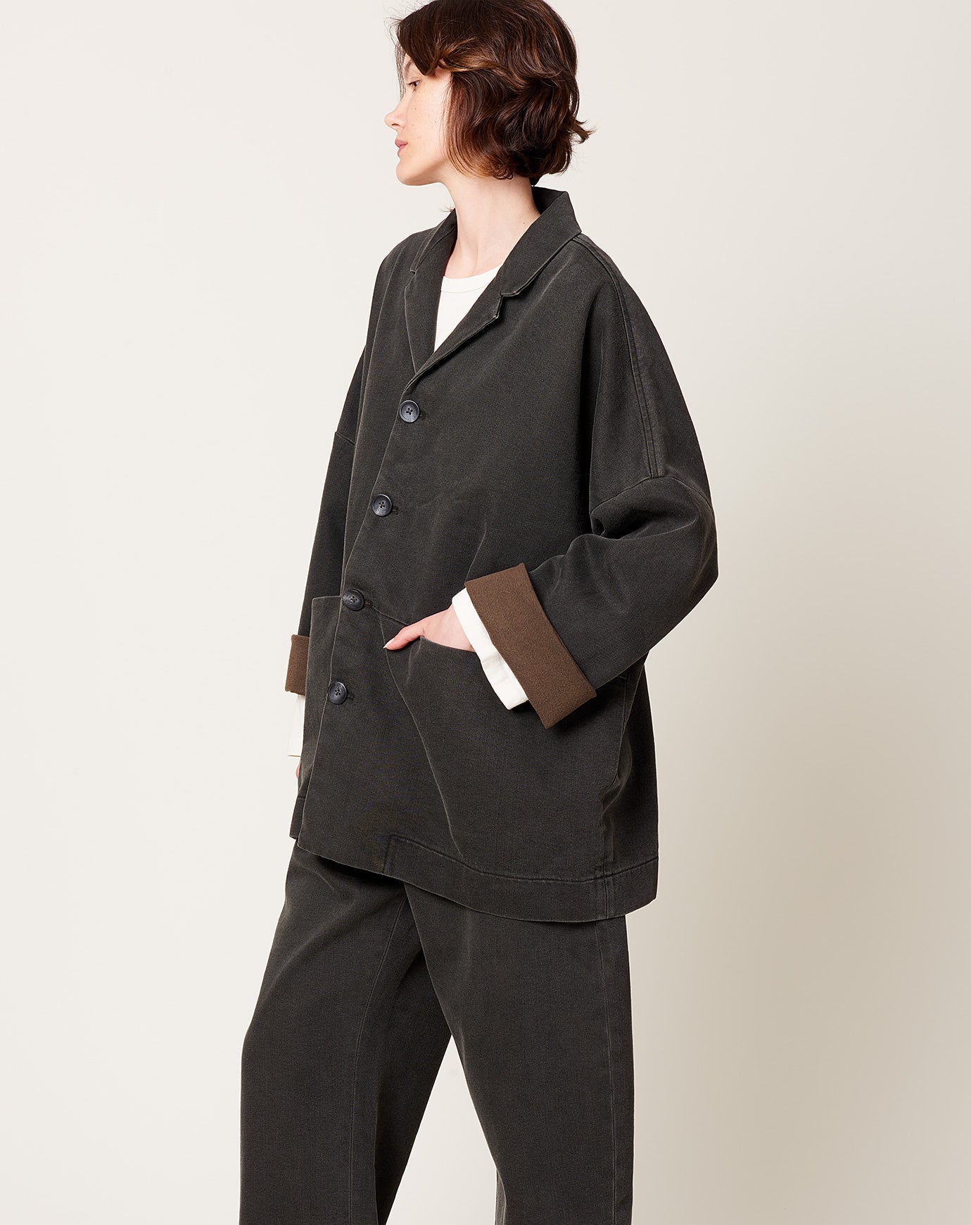 7115 by Szeki Sand-Washed Blazer Coat in Washed Black